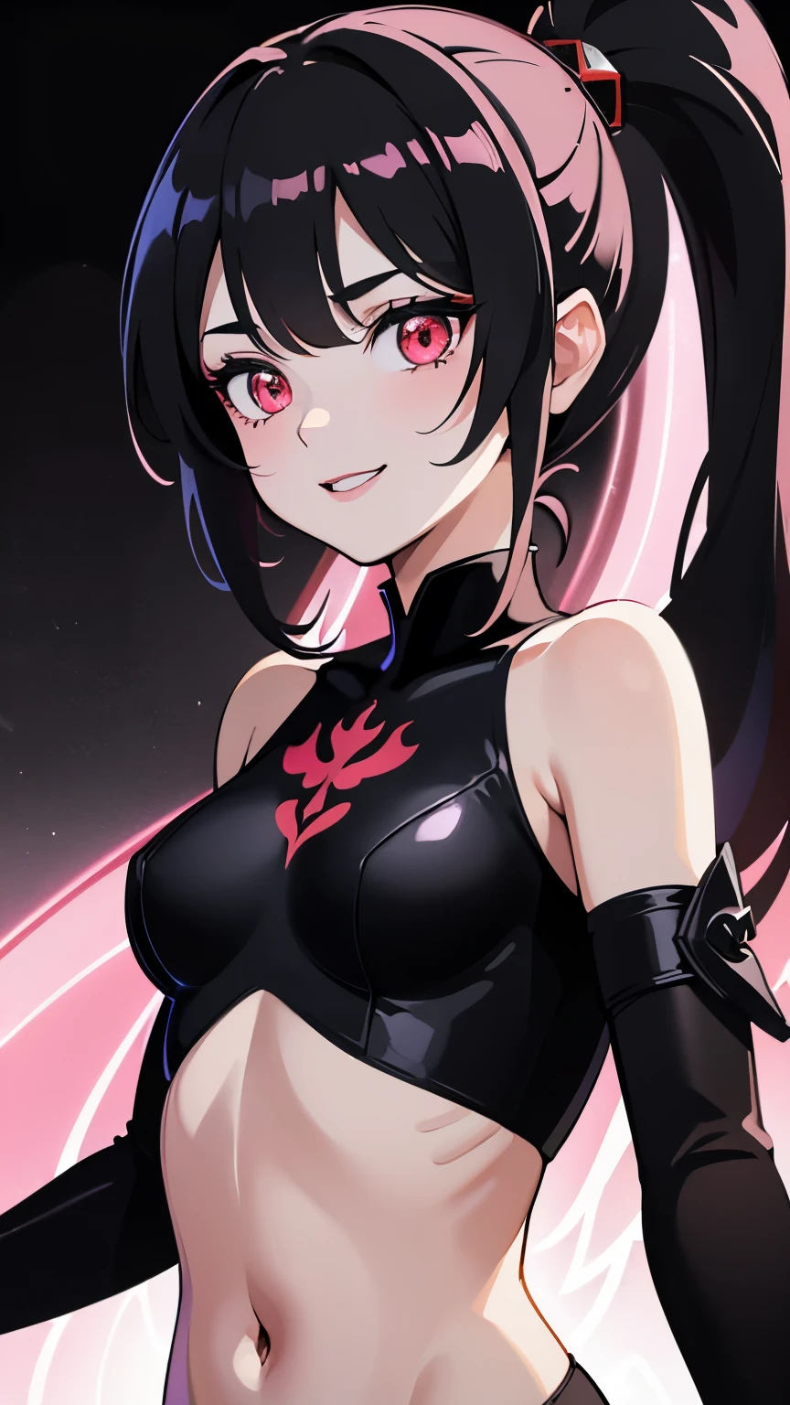 1girl, fairy girl, small, fairy wings, ((glowing pink fairy wings)), (fairy wings), Black hair color, ponytail hairstyles, short ponytail, red eye color, wearing leather armor, silver shoulder pads, black clothes,(glowing eyes), high resolution, extremely detailed CG unity 8k wallpaper, ((masterpiece)), ((top-quality)), (beautiful illustration), ((an extremely delicate and beautiful)), (masterpiece, Best quality, ultra high resolution), 1 girl, pale skin, Black Crown, red eyes, Luminous_eyes, neon red eyes, ultra detailed eyes, Beautiful and detailed face, detailed eyes, (Centered, torso), (wide shot:0.9), facing the viewer, Eye level, (floating hair), character focus, ((black light)), ((dark lighting)), cinematic lighting ,(darkness), (concept art), ((energetic face)), wide open smile, waving excitedly, dark black hair, ((red eyes))