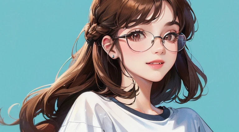(((1 female)))、(highest resolution、clearly_image) best quality、(((Pop music)))、1980s、((colorful background))、((illuminated))、Glasses、Very detailed、semi-realistic、brown hair、((cosmetics)),braid hairstyle、a smile、Bangs、20 years old、young、((t-shirt))、Exquisite facial features、Facial features、view from below