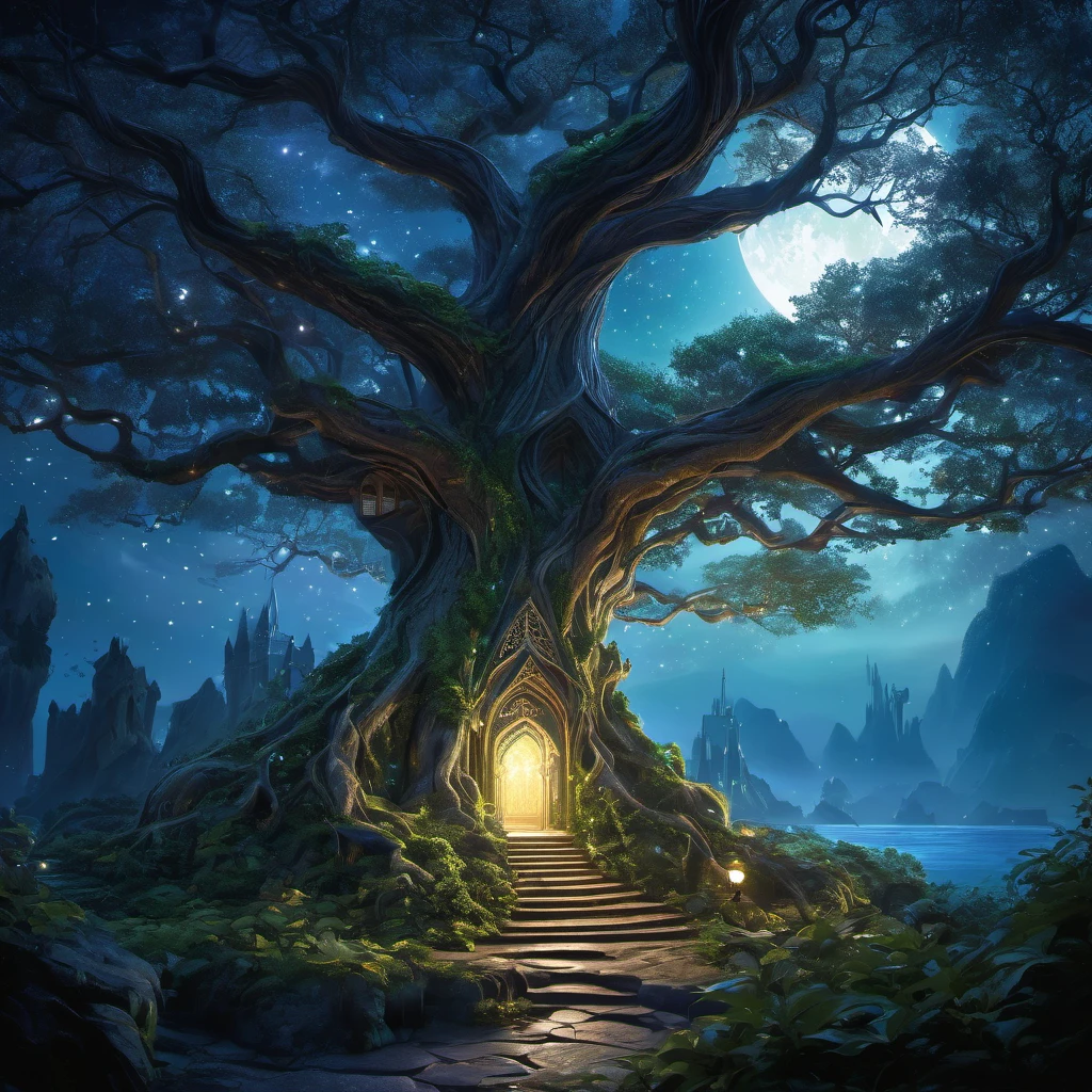 On the shore of a fantasy world, an Elven tree city is near the coast. The city is built within the vast branches of enormous trees, blending harmoniously with nature. The majestic trees reach towards the sky, their branches creating a mesmerizing canopy overhead. The city is illuminated by gentle moonlight, casting an ethereal glow on the Elven dwellings, which are intricately built with delicate, artistic designs. As we focus on the coast, our attention is drawn to an immense tree standing tall and proud. This tree acts as a beacon of light, guiding ships safely to the shore. Adorning its branches are glowing nodules that emit a soft, radiant light, resembling stars in the night sky. The nodules flicker and dance, casting enchanting shadows on the surrounding landscape. The night is calm, and the air carries a gentle breeze that rustles through the leaves. The sound of waves crashing against the shore provides a soothing melody. The ocean stretches endlessly into the horizon, reflecting the moon's shimmering light. In this breathtaking scene, the image quality is of utmost importance. The prompt demands the highest level of detail, capturing every intricate element with precision. It is a masterpiece in the making, with ultra-detailed textures and realistic rendering. The colors are vivid, enhancing the magical ambiance of the Elven city and its surroundings. The art style portrayed in this prompt is a blend of fantasy and realism. It captures the essence of nature and the mystical allure of the Elven world. It is a remarkable mix of enchantment and tranquility, creating a sense of wonder and awe. To bring this vision to life, the prompt requires the perfect color palette. The colors should exude a sense of mysticism and enchantment. It embodies the beautiful hues of the night, with soft blues, deep purples, and hints of silver and gold, painting a mesmerizing scene. Lastly, the prompt emphasizes the lighting. The Elven tree city is bathed in a soft, moonlit
