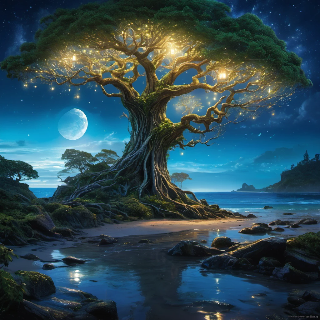 On the shore of a fantasy world, an Elven tree city is near the coast. The city is built within the vast branches of enormous trees, blending harmoniously with nature. The majestic trees reach towards the sky, their branches creating a mesmerizing canopy overhead. The city is illuminated by gentle moonlight, casting an ethereal glow on the Elven dwellings, which are intricately built with delicate, artistic designs. As we focus on the coast, our attention is drawn to an immense tree standing tall and proud. This tree acts as a beacon of light, guiding ships safely to the shore. Adorning its branches are glowing nodules that emit a soft, radiant light, resembling stars in the night sky. The nodules flicker and dance, casting enchanting shadows on the surrounding landscape. The night is calm, and the air carries a gentle breeze that rustles through the leaves. The sound of waves crashing against the shore provides a soothing melody. The ocean stretches endlessly into the horizon, reflecting the moon's shimmering light. In this breathtaking scene, the image quality is of utmost importance. The prompt demands the highest level of detail, capturing every intricate element with precision. It is a masterpiece in the making, with ultra-detailed textures and realistic rendering. The colors are vivid, enhancing the magical ambiance of the Elven city and its surroundings. The art style portrayed in this prompt is a blend of fantasy and realism. It captures the essence of nature and the mystical allure of the Elven world. It is a remarkable mix of enchantment and tranquility, creating a sense of wonder and awe. To bring this vision to life, the prompt requires the perfect color palette. The colors should exude a sense of mysticism and enchantment. It embodies the beautiful hues of the night, with soft blues, deep purples, and hints of silver and gold, painting a mesmerizing scene. Lastly, the prompt emphasizes the lighting. The Elven tree city is bathed in a soft, moonlit