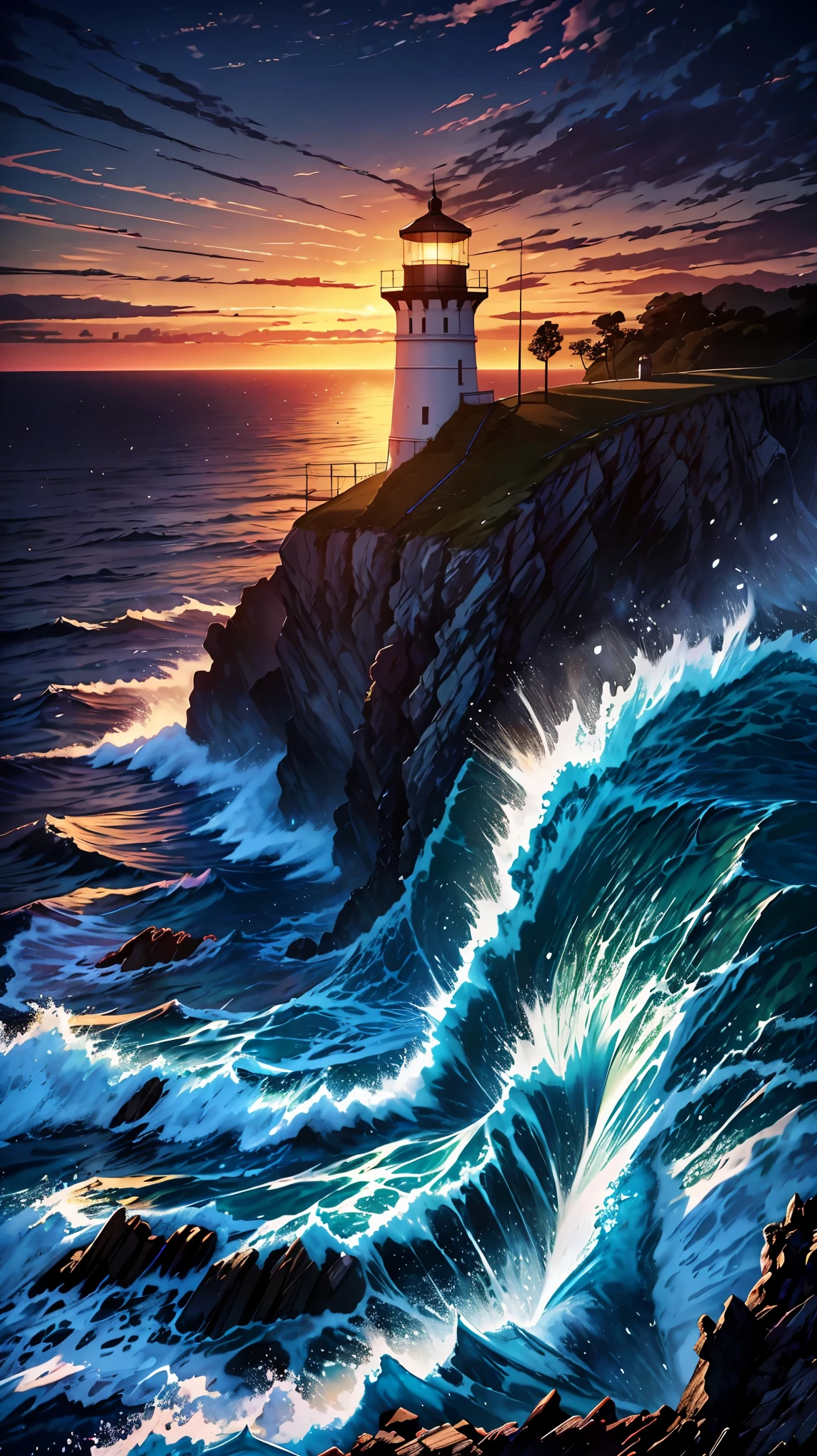 (Super realistic:1.2), High resolution, (Bright colors, HDR:1.1), (sharp focus:1.1), (physically based rendering:1.3), Cape lighthouse scenery, calm sea, Someone watching over the ship, The sea illuminated by soft light, watch over the sea, lighthouse keeper, fantastic atmosphere, A dark sky where the night hasn't yet dawned, A little light is reliable, dramatic lighting effects, Playful and whimsical elements, Contrasting shadows, dynamic composition, realistic expression, unique configuration, soft texture, intricate details, Please draw a beautiful cape with a lighthouse.。