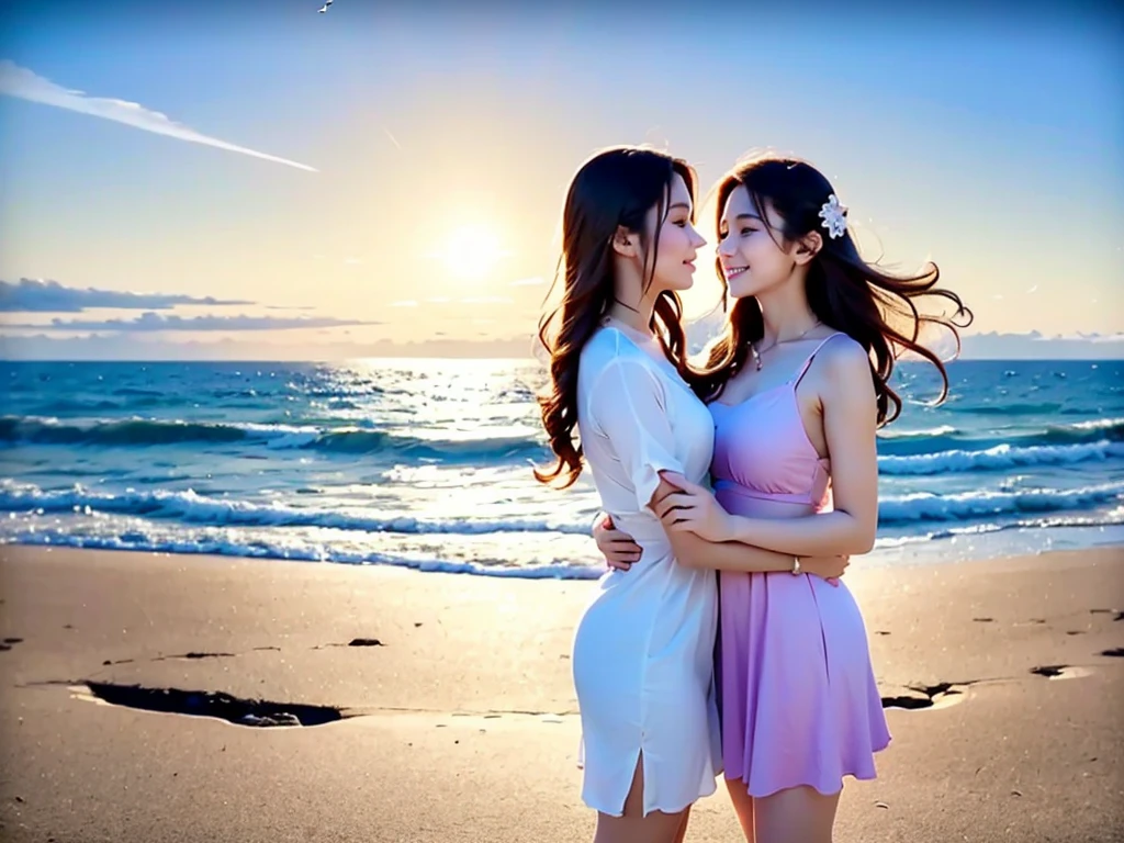 (best quality,4k,highres),bright and vibrant colors,loving couple,standing in front of the ((lighthouse)),warm sunlight filtering through the clouds,gently splashing waves,lighthouse casting a beautiful beam of light on the couple's faces,romantic atmosphere,gentle sea breeze,stunning ocean view,lovers holding hands,anticipating the sunrise,smiling and looking into each other's eyes,strong emotional connection,hope and excitement,peaceful and serene surroundings,colorful sky with hues of orange,pink, and purple,seagulls flying overhead,soft sand beneath their feet,whispering sweet words to each other,memory to cherish forever,love and happiness filling the air, sea galls