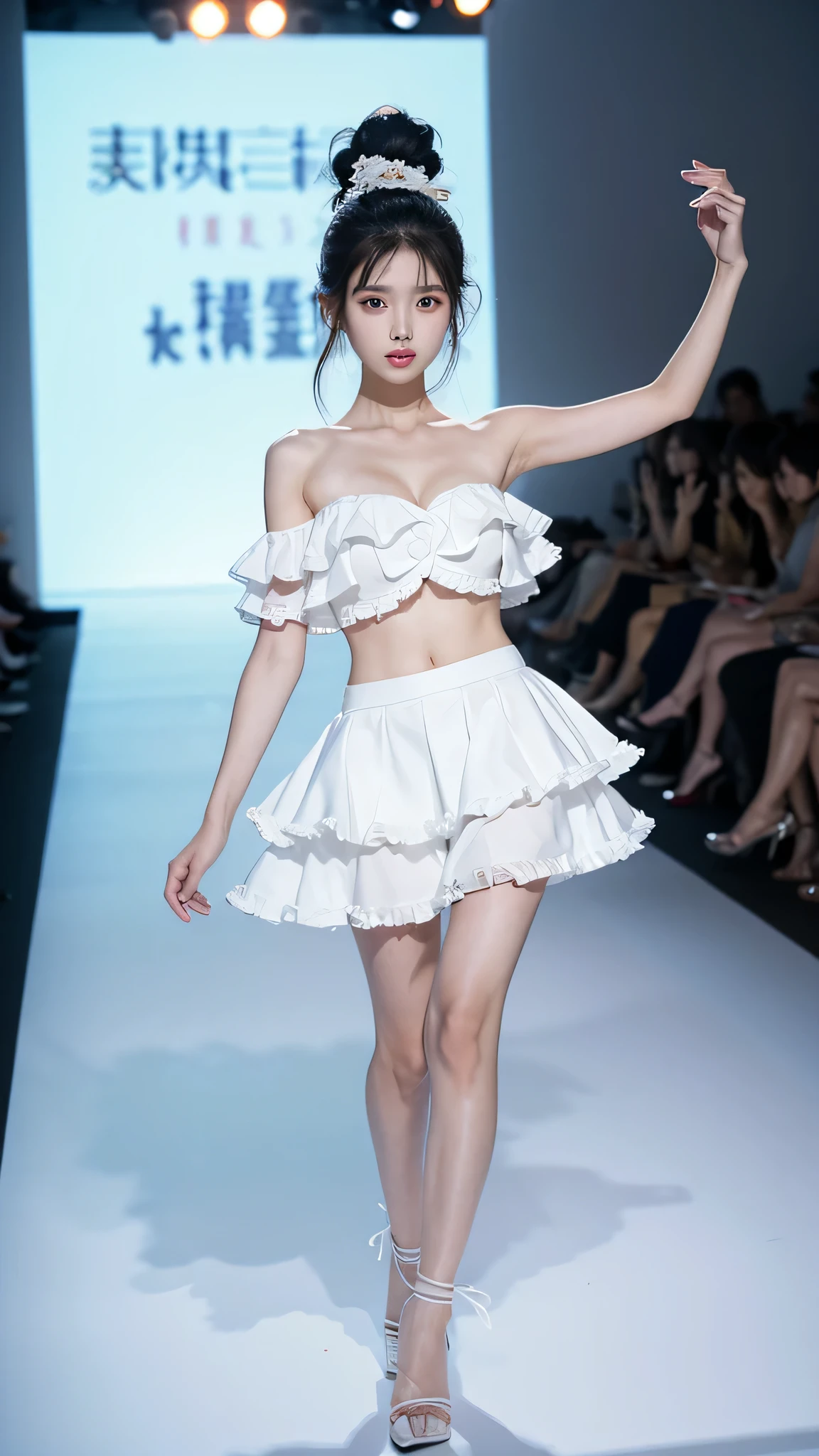 A woman in a white miniskirt walks on the runway, fashion runway, Colorful fashion, crazy fashion show, simple fashion dress, catwalk photos, Creativity in fashion design, decorate, Colorful、Fantastic costumes, fashion model, high fashion design, runway photos, Colorful的服装, belly button, long legs, Chinese girl, Beautiful lines, big breasts, split, Manners are elegant, 穿着带着decorate的白色吊带, High-heeled sandals, hip-covering skirt