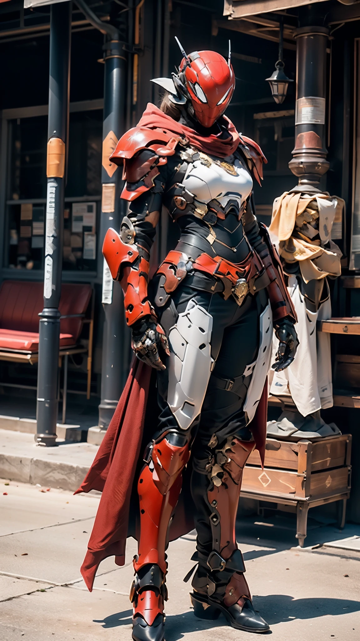 A woman adorned in fantasy-style full-body armor, a crown-concept fully enclosed helmet that unveils only her eyes, a composite layered chest plate, fully encompassing shoulder and hand guards, a lightweight waist armor, form-fitting shin guards, the overall design is heavy-duty yet flexible, ((the armor gleams with a golden glow, complemented by red and blue accents)), exhibiting a noble aura, she floats above a fantasy-surreal high-tech city, this character embodies a finely crafted fantasy-surreal style armored hero in anime style, exquisite and mature manga art style, (Queen bee mixed with Spider concept Armor), ((Nordic, elegant, goddess, femminine:1.5)), metallic, high definition, best quality, highres, ultra-detailed, ultra-fine painting, extremely delicate, professional, anatomically correct, symmetrical face, extremely detailed eyes and face, high quality eyes, creativity, RAW photo, UHD, 32k, Natural light, cinematic lighting, masterpiece-anatomy-perfect, masterpiece:1.5