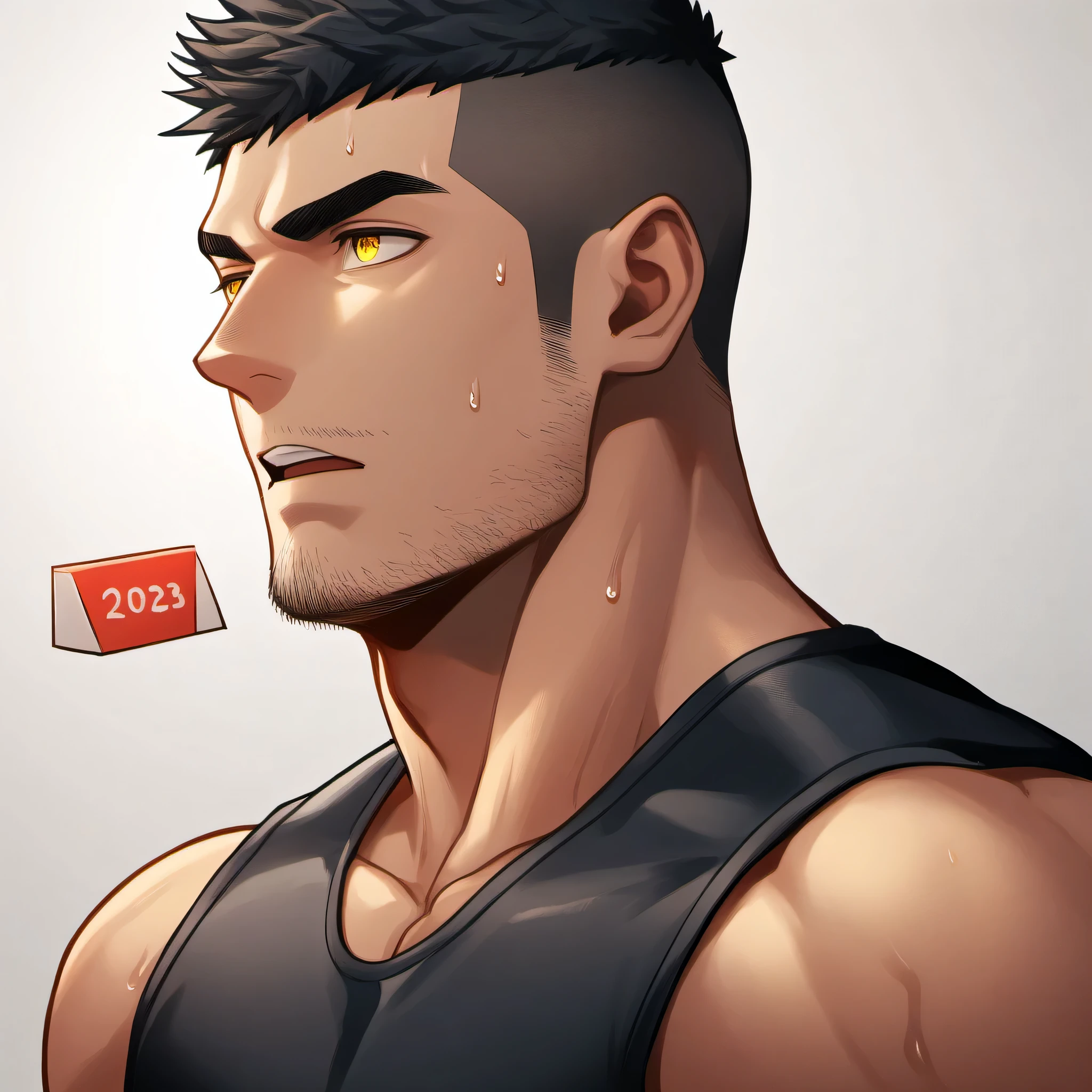 1 sports boy, male focus, Black tight vest, muscular male, muscular, only, Upper body, alone, look to the side, dialog box, short hair, stubble, Sweat, black hair, yellow eyes, open lips, White background, simple background, amazing quality, best aesthetics, Ridiculous, 2023, short hair, moan, best quality