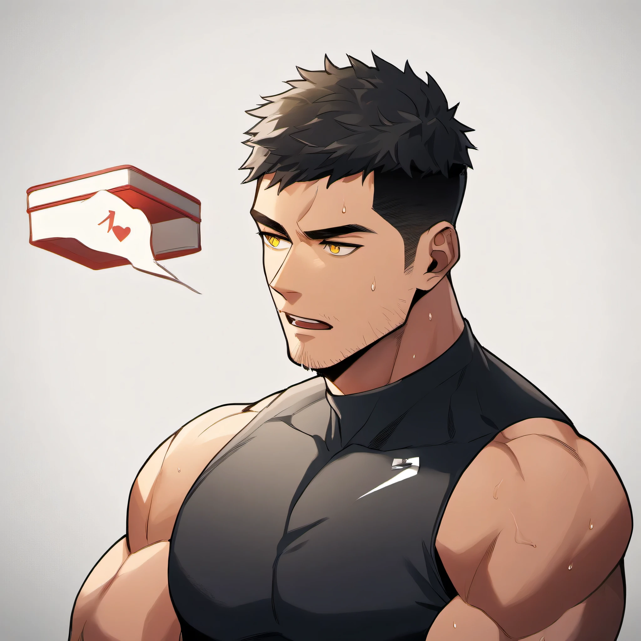 1 sports boy, male focus, Black tight vest, muscular male, muscular, only, Upper body, alone, look to the side, dialog box, short hair, stubble, Sweat, black hair, yellow eyes, open lips, White background, simple background, amazing quality, best aesthetics, Ridiculous, 2023, short hair, moan, best quality