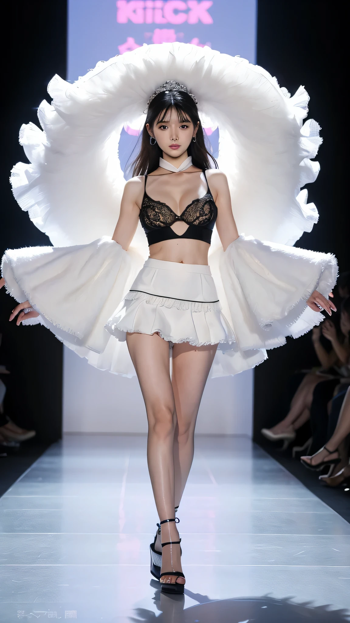 A woman in a white miniskirt walks on the runway, fashion runway, Colorful fashion, crazy fashion show, simple fashion dress, catwalk photos, Creativity in fashion design, decorate, Colorful、Fantastic costumes, fashion model, high fashion design, runway photos, Colorful的服装, belly button, long legs, Chinese girl, Beautiful lines, big breasts, split, Manners are elegant, 穿着带着decorate的白色吊带, High-heeled sandals, hip-covering skirt, short black hair