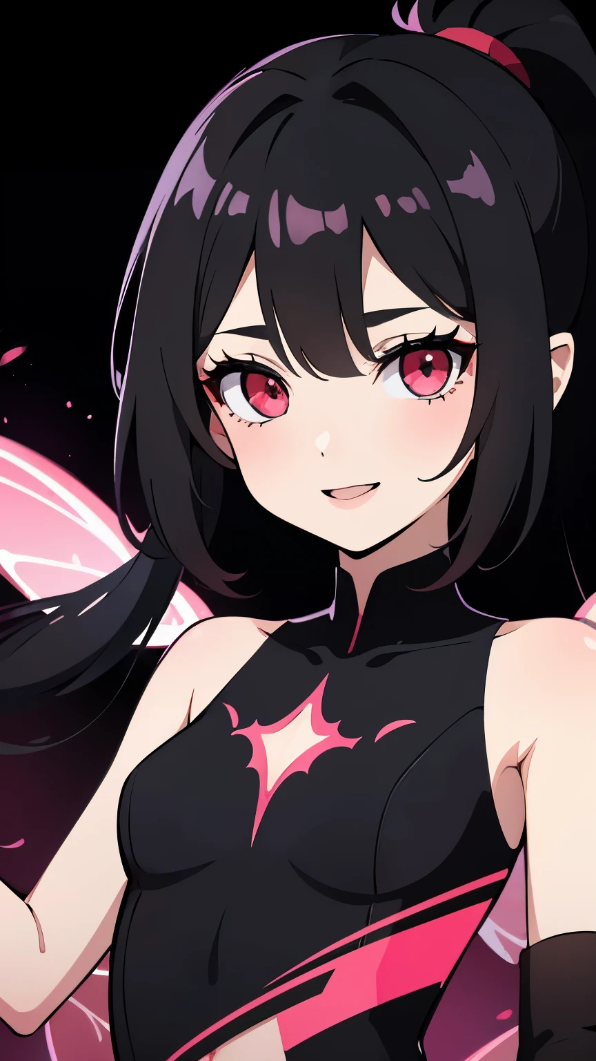 1girl, fairy girl, small, fairy wings, ((glowing pink fairy wings)), (fairy wings), Black hair color, ponytail hairstyles, short ponytail, red eye color, wearing leather armor, silver shoulder pads, black clothes,(glowing eyes), high resolution, extremely detailed CG unity 8k wallpaper, ((masterpiece)), ((top-quality)), (beautiful illustration), ((an extremely delicate and beautiful)), (masterpiece, Best quality, ultra high resolution), 1 girl, pale skin, Black Crown, red eyes, Luminous_eyes, neon red eyes, ultra detailed eyes, Beautiful and detailed face, detailed eyes, (Centered, torso), (wide shot:0.9), facing the viewer, Eye level, (floating hair), character focus, ((black light)), ((dark lighting)), cinematic lighting ,(darkness), (concept art), ((energetic face)), wide open smile, waving excitedly, dark black hair, ((red eyes))