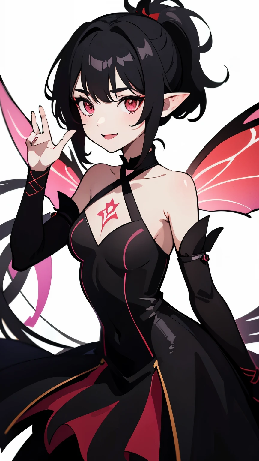 1girl, fairy girl, small, fairy wings, ((glowing pink fairy wings)), (fairy wings), Black hair color, ponytail hairstyles, short ponytail, red eye color, wearing leather armor, silver shoulder pads, black clothes,(glowing eyes), high resolution, extremely detailed CG unity 8k wallpaper, ((masterpiece)), ((top-quality)), (beautiful illustration), ((an extremely delicate and beautiful)), (masterpiece, Best quality, ultra high resolution), 1 girl, pale skin, Black Crown, red eyes, Luminous_eyes, neon red eyes, ultra detailed eyes, Beautiful and detailed face, detailed eyes, (Centered, torso), (wide shot:0.9), facing the viewer, Eye level, (floating hair), character focus, ((black light)), ((dark lighting)), cinematic lighting ,(darkness), (concept art), ((energetic face)), wide open smile, waving excitedly, dark black hair, ((red eyes))