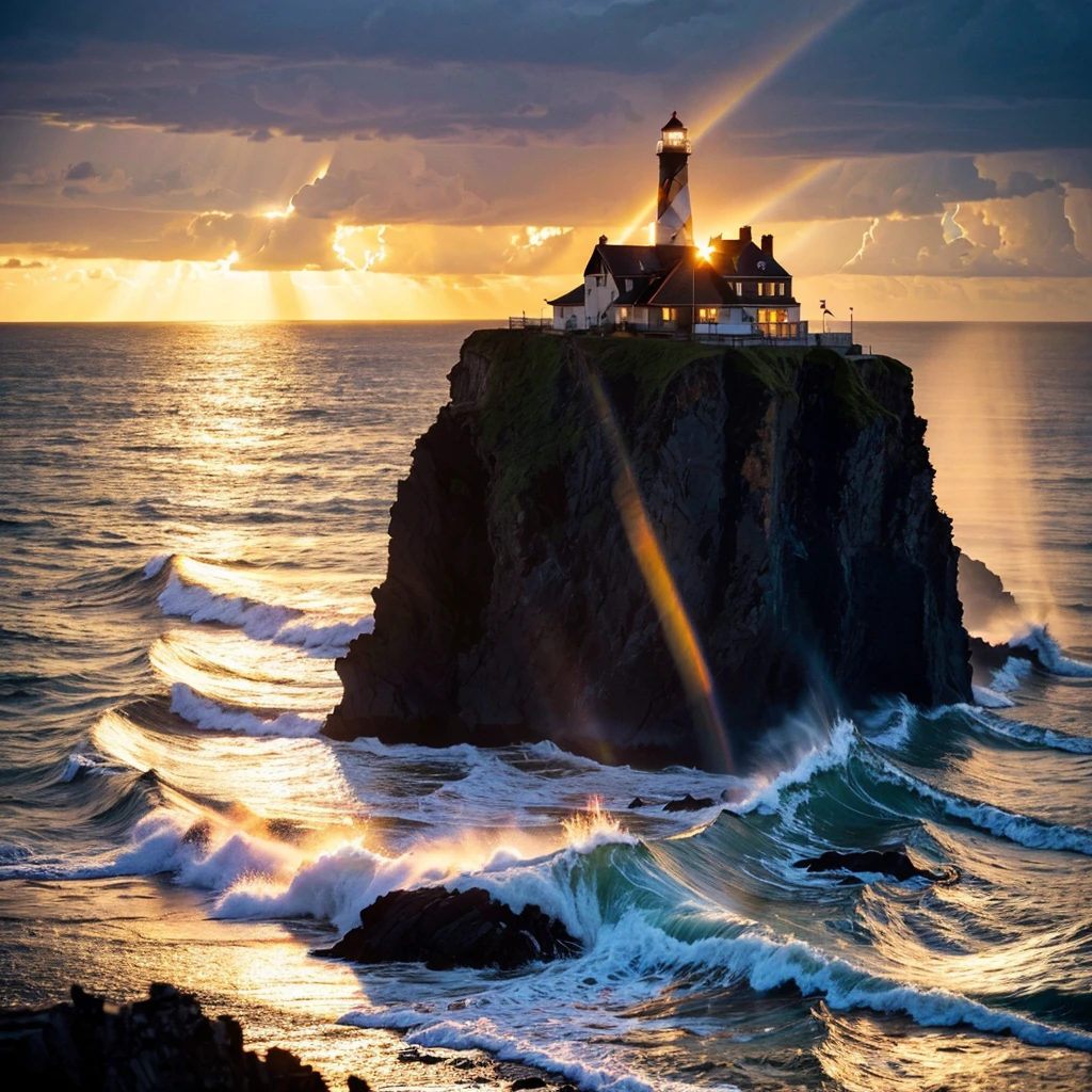 a beautiful detailed lighthouse,medium:oil painting,crashing waves,seagulls flying,stormy weather,rocks and cliffs,strong beam of light,powerful and majestic,lonely and remote,highres,realistic,moody atmosphere,warm and soft colors,majestic light beam,glowing from within,vibrant sunset,hdr lighting,wide angle view,secluded and mysterious