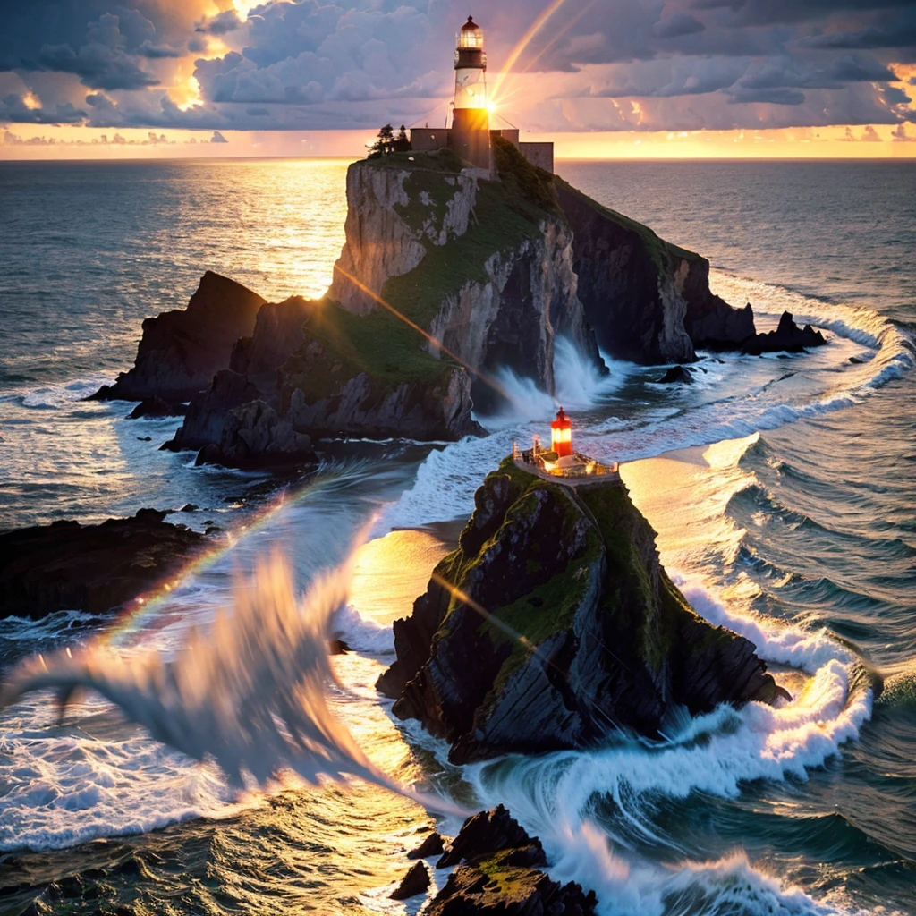 a beautiful detailed lighthouse,medium:oil painting,crashing waves,seagulls flying,stormy weather,rocks and cliffs,strong beam of light,powerful and majestic,lonely and remote,highres,realistic,moody atmosphere,warm and soft colors,majestic light beam,glowing from within,vibrant sunset,hdr lighting,wide angle view,secluded and mysterious