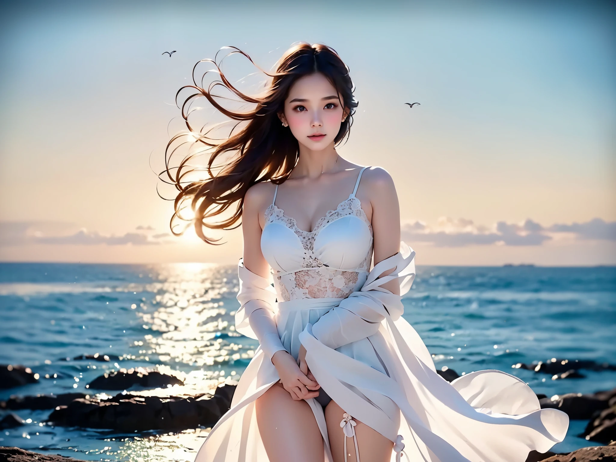 (best quality,4k,8k,highres,masterpiece:1.2),ultra-detailed,(realistic,photorealistic,photo-realistic:1.37),beautiful detailed eyes,beautiful detailed lips,extremely detailed eyes and face,longeyelashes,loving couple,standing in front of the lighthouse,sunrise,romantic atmosphere,warm sunlight,gentle breeze,glowing horizon,sparkling ocean waves,pastel color palette,soft golden light,silhouette of the lighthouse,reaching out their hands,whispering sweet words,affectionate embrace,endless love,serene surroundings,seagulls flying in the distance