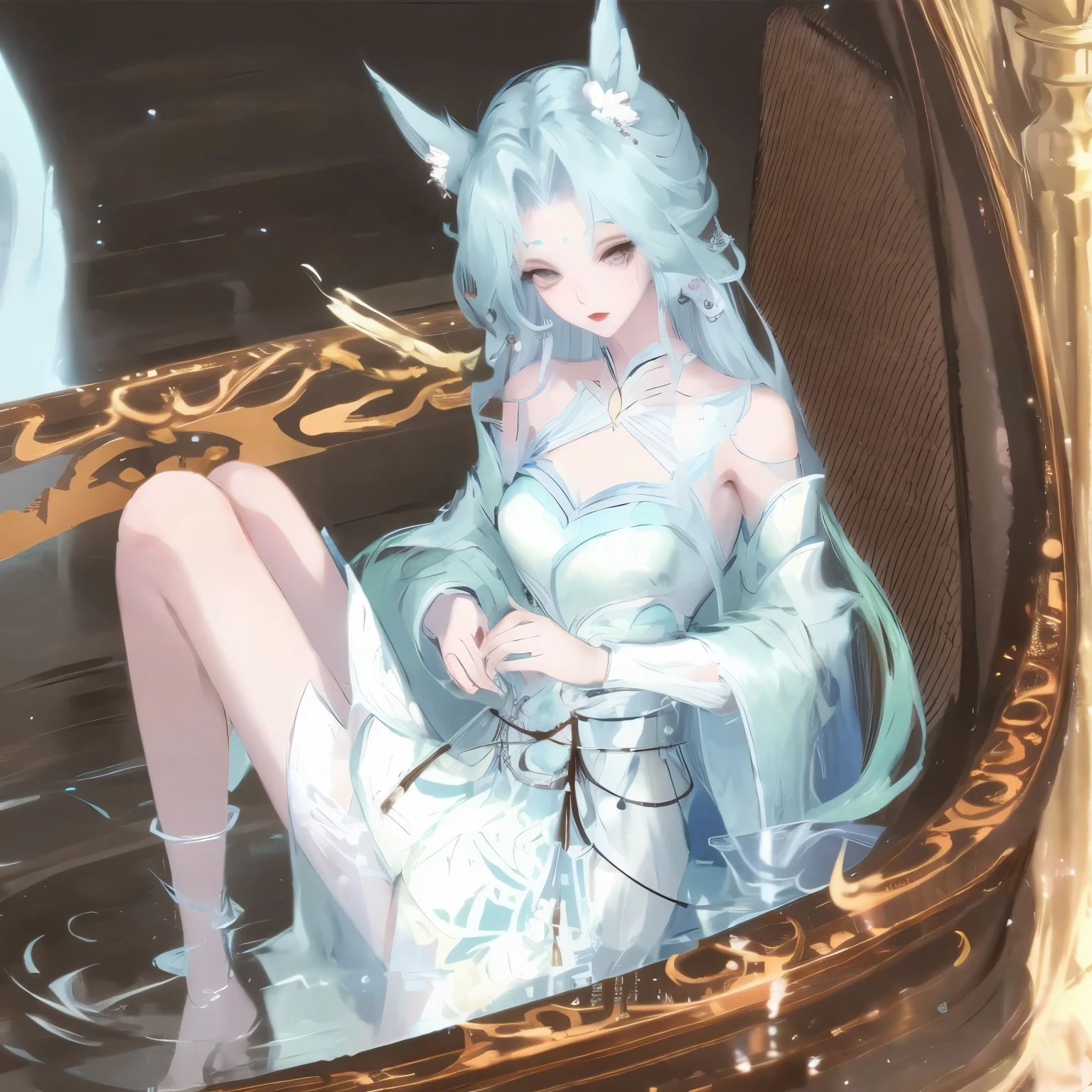 best quality, masterpiece, 1 girl, alone, ferry, long hair, ferryBase, Raise your legs high, bare shoulders, jewelry, sleeveless, white dress, blue skirt, Gloves, floor room, floor, wooden floor, sitting, sitting on floor, Put your hands on your legs, subtle smile, soft light, whole body,