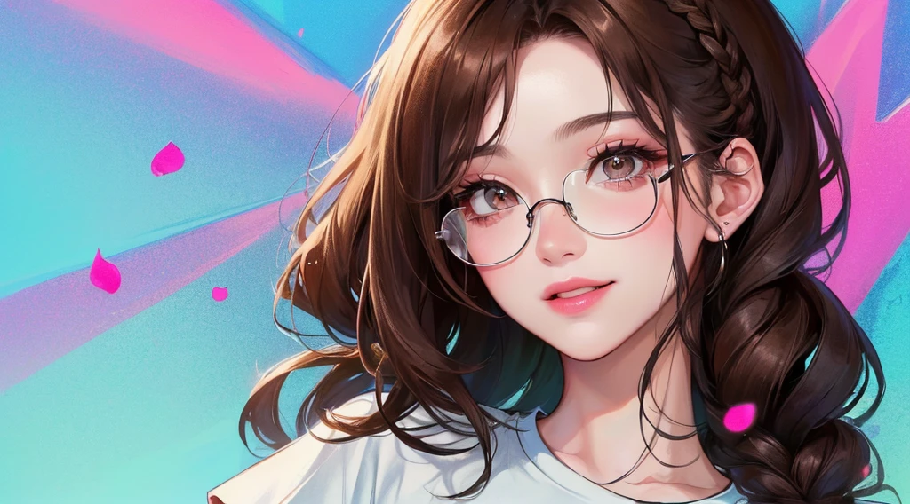 (((1 female)))、(highest resolution、clearly_image) best quality、(((Pop music)))、1980s、((colorful background))、((illuminated))、Glasses、Very detailed、semi-realistic、brown hair、((cosmetics)),braid hairstyle、a smile、Bangs、20 years old、young、((t-shirt))、Exquisite facial features、Facial features、view from below