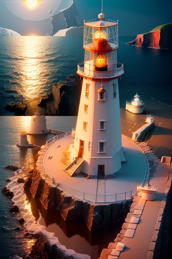 ((lighthouse on cliff, calm sea, Moonlight reflected in the sea, bottom boat:1.5)),((best quality)), ((masterpiece)), (Very detailed:1.3), 3d, beautiful, glowing particles:1.4, 32k