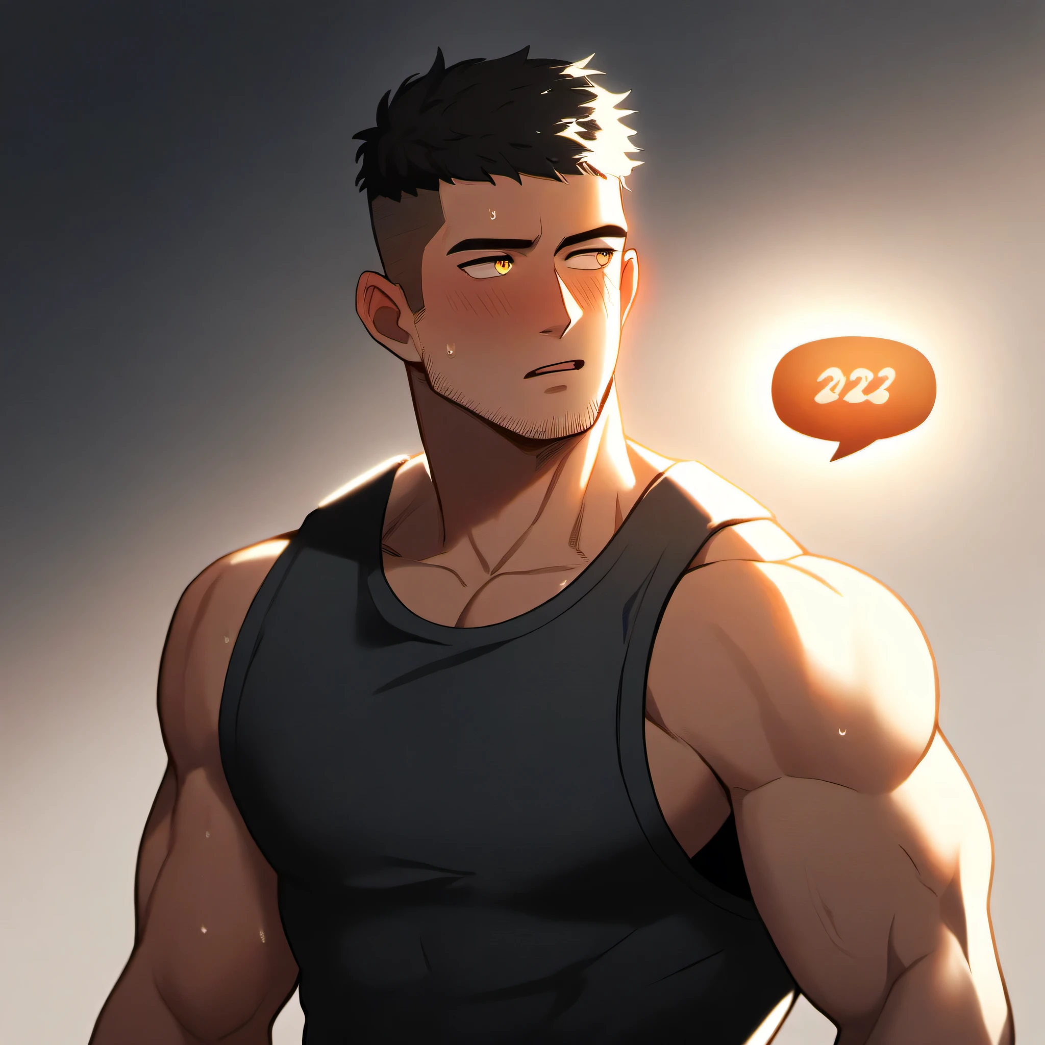 1 sports boy, male focus, Black tight vest, muscular male, muscular, only, Upper body, alone, look to the side, dialog box, short hair, stubble, Sweat, black hair, yellow eyes, open lips, White background, simple background, amazing quality, best aesthetics, Ridiculous, 2023, short hair, moan, blush, chiaroscuro, movie lighting, best quality, textured skin