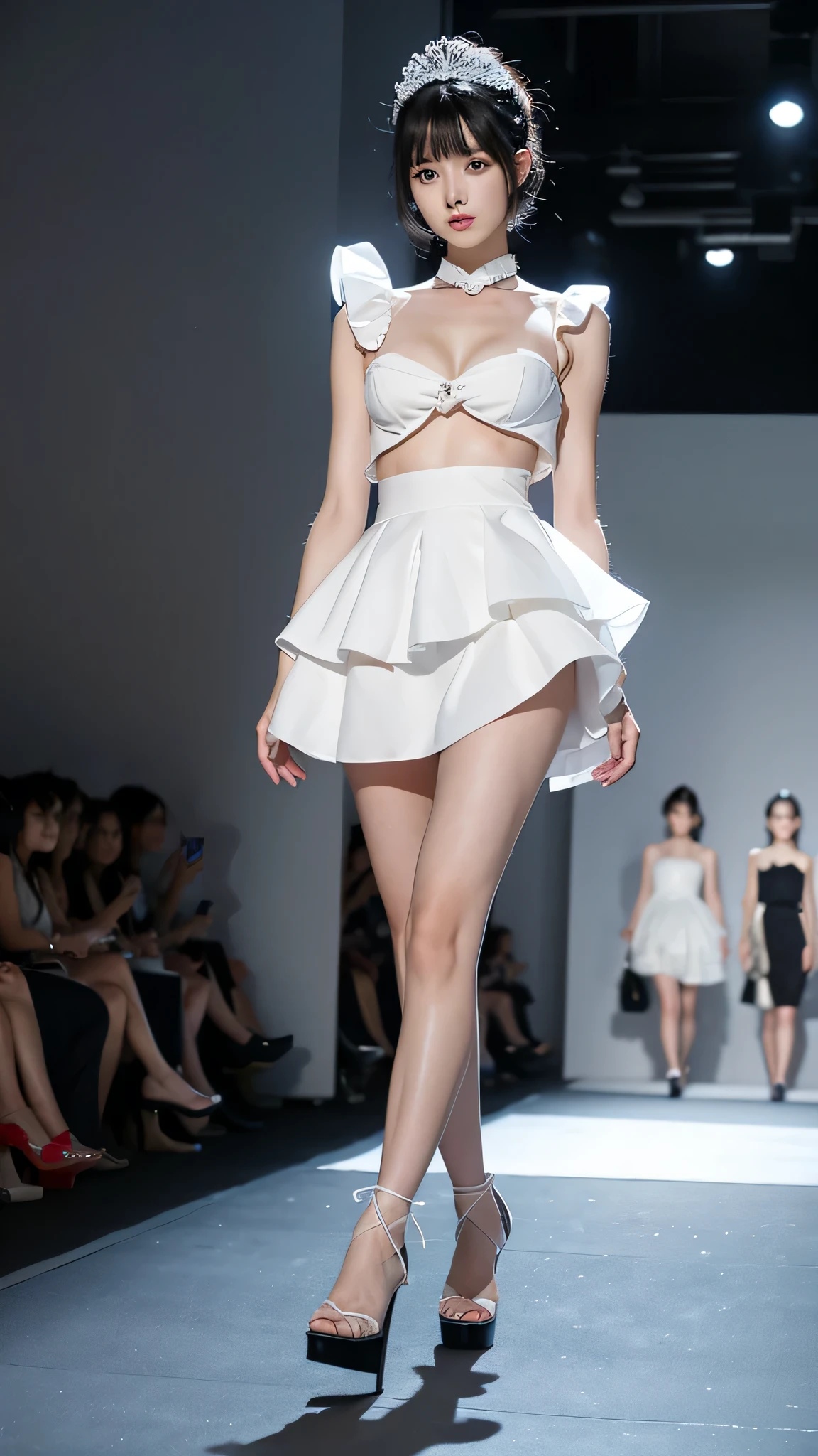 A slim Japanese woman with long wavy hair and amazingly white skin.、Two girls with white skin, big round eyes, and a cute smile with white teeth.０A beautiful woman aged 20 years old with large breasts and a very slim waist.、Smiling with his face tilted to one side、A woman wearing a mini-length party dress made of sheer, shiny satin mermaid design is walking down the runway at a fashion show.、Full-body photo quality、Dark panties are visible through the、Color Dress