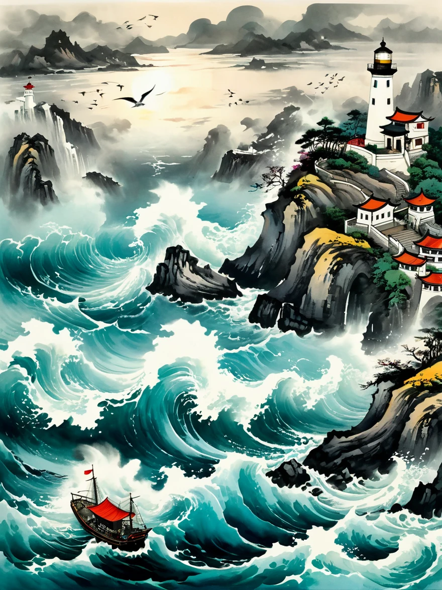 super detailed，Chinese ink style，Chinese Dream Landscape，violent storm, sea, (isolated island), (lighthouse:1.5), Light, lost ship, huge waves, cliff, (pure white tower), (Tower top lighting), A ray of hope, lighthouse看守人, (Old captain), seagull, swirl, lightning, shivering, The power of nature, human tenacity, Selfless dedication，magical atmosphere，Thrilling and tense scenes，Surreal and ethereal colors，otherworldly environment，Hazy and mysterious atmosphere，Amazing natural wonders，Grandeur and sense of scale