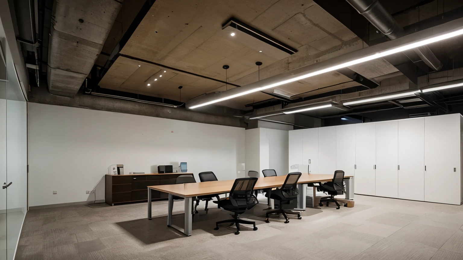 Spacious, modern, brightly lit and minimalist style office, There are many public tables