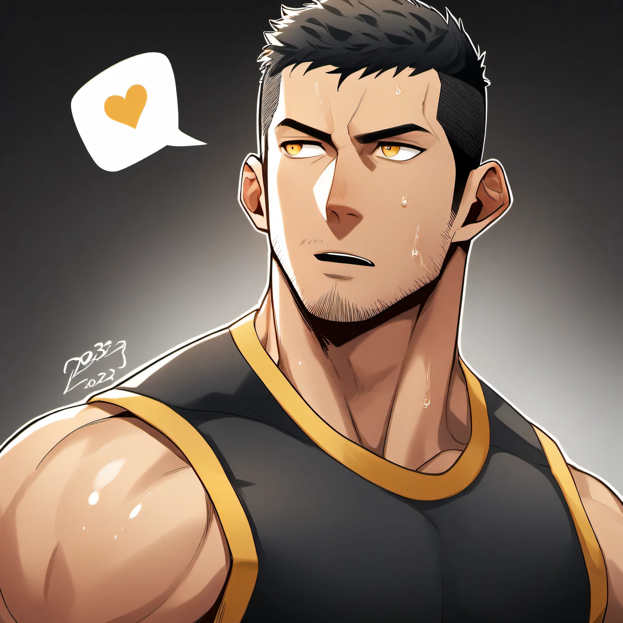 1 sports boy, male focus, Black tight vest, muscular male, muscular, only, Upper body, alone, look to the side, dialog box, short hair, stubble, Sweat, black hair, yellow eyes, open lips, White background, simple background, amazing quality, best aesthetics, Ridiculous, 2023, short hair, moan, best quality