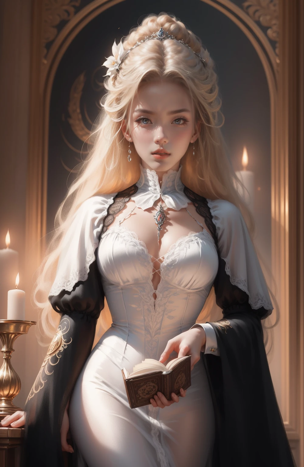 { - anatomy error}(Masterpiece - Ultra-detailed, very high resolution) Prepare to be enchanted by a true masterpiece that combines ultra-detailed art with high-resolution rendering. This work depicts a mesmerizing woman with very long blond hair (1.3) and captivating gray eyes (1.2), emanating an aura of elegance and mystery in Victorian settings. The intricate details and realistic textures invite you to explore every aspect of this enchanting composition. Woman wearing beautiful classic Victorian costume from the year 1878. Red lips. Happy face. Smiling. white (white) dress. segurando um livro, dynamic poses. Get ready to dive into a world where beauty and craftsmanship merge perfectly.