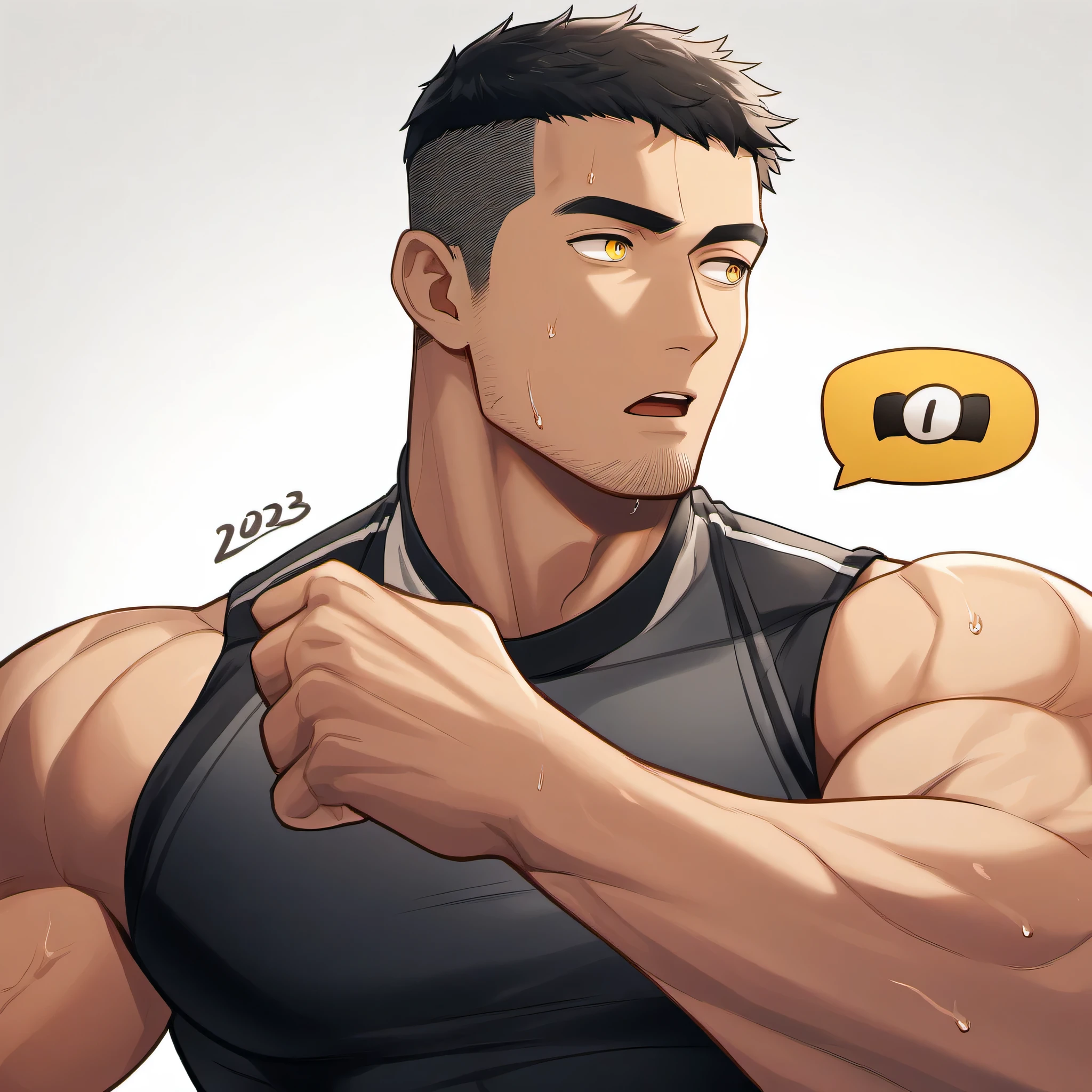 1 sports boy, male focus, Black tight vest, muscular male, muscular, only, Upper body, alone, look to the side, dialog box, short hair, stubble, Sweat, black hair, yellow eyes, open lips, White background, simple background, amazing quality, best aesthetics, Ridiculous, 2023, short hair, moan, best quality