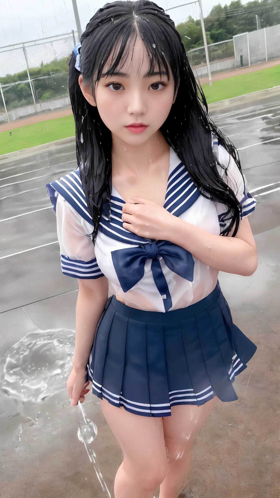 最high quality、high quality、best image quality、8k、最High resolution、High resolution、最high quality、masterpiece、RAW photo、whole body写真、Realistic human body in every detail、Realistic skin in every detail、Realistic face in every detail、Realistic eyes down to the details、Realistic lips in every detail、Realistic teeth in every detail、Realistic ears down to the last detail、Realistic hair down to the last detail、Realistic arms down to the last detail、Realistic reproduction of every detail、Realistic fingers in every detail、(fine hands、thumb1reference4)、Realistic feet in every detail、Realistic feet in every detail、Realistic breasts down to the last detail、Realistic areola in every detail、Realistic nipples down to the last detail、((beautiful japanese girl))、(japanese model), (japanese woman)、((18 year old beautiful girl))、(black hair)、(straight hair)、(ponytail)、((whole body))、((beautiful upturned chest))、(Slim and slender、Stylish slim body shape)、(whole body光沢肌、Fair skin)、Detailed and realistic human body、detailed realistic skin、detailed realistic face、detailed realistic arms、detailed realistic fingers、Detailed realistic feet、detailed realistic breasts、((dark cold stormy weather))、((pouring rain))、((heavy rain))、((school playground))、sailor suit、sailor skirt、Junior School、high school student、japanese school uniform、((pouring rainの中(A girl standing in the center of the schoolyard))、((It gets wet and see-through(クロップトップsailor suit、ミニsailor skirt))、((Performance(sorrow、dark、lament、Watery eye))、((pouring rainを浴びて(Soaked skin from head to toe))、((rainwater dripping from the skin))、((Wet and adhere tightly to the skin(クロップトップsailor suit、ミニsailor skirt))、((Rainwater dripping from uniform))、濡れたsailor suitから乳首の形がはっきりとわかる、angle from below