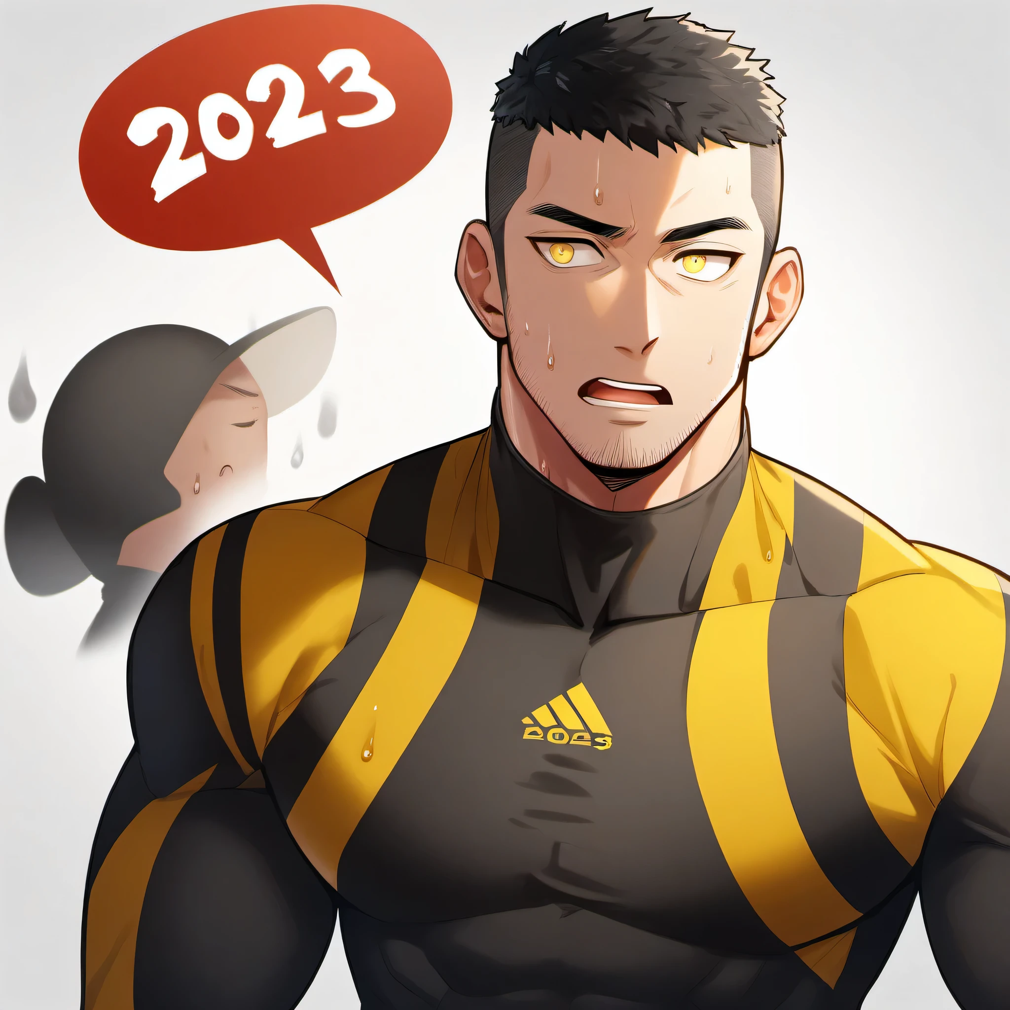 1 sports boy, male focus, Yellow and black compression tights, muscular male, muscular, only, Upper body, alone, look to the side, dialog box, short hair, stubble, Sweat, black hair, yellow eyes, open lips, White background, simple background, amazing quality, best aesthetics, Ridiculous, 2023, short hair, moan, best quality