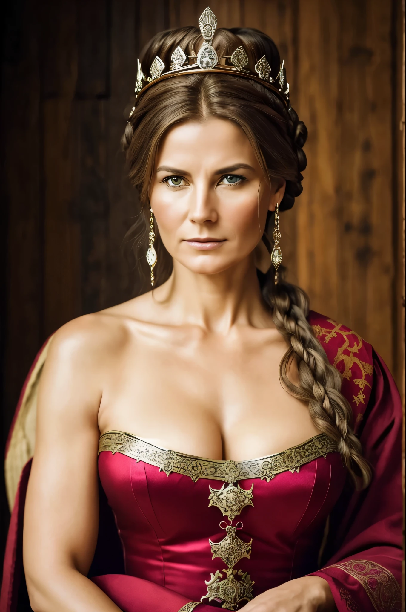 Craft an image of a Viking Queen, 45 years old Woman, extremely gorgeous, that not only showcases the regal nature of the Queen but also tells a story. Illustrate her in a moment of contemplation or action, capturing her inner turmoil or determination. Explore the duality of her character by contrasting her divine grace with the weight of her ruling ambition, 