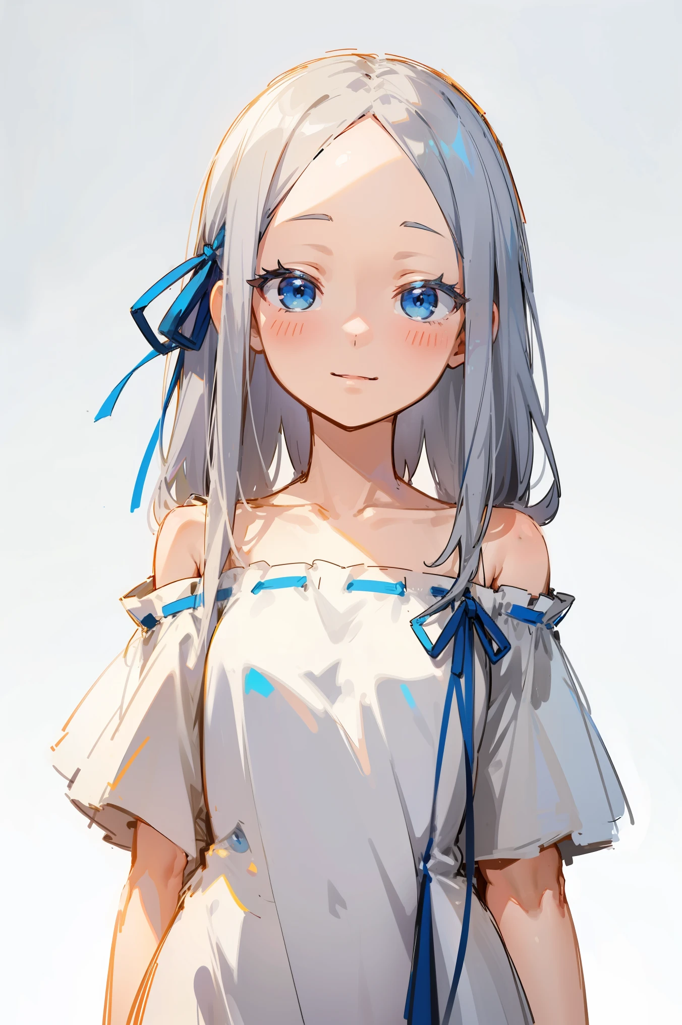 (masterpiece, best quality, ultra high quality, by quan, by mappa, sketch:1.1), ((portrait)), 1girl, solo, pandora, blue eyes, long hair, grey hair, white hair, forehead, blush, bangs, small breasts, parted bangs, barefoot, neutral, innexpressive, small smile, thighs, ((pddf)), dress, dress ribbon, hair ribbon, white dress, loose dress, blue ribbon, bare shoulders, (arms behind back), upper body, standing,, isometric lightning, white background, simple background