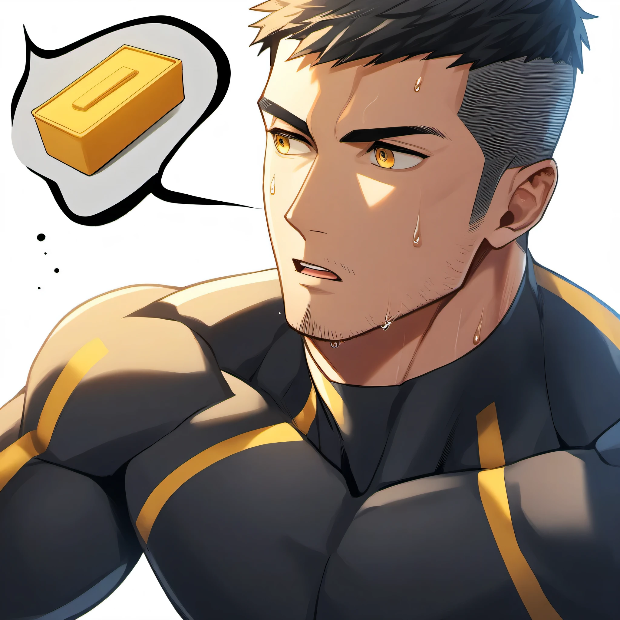 1 sports boy, male focus, Yellow and black compression tights, muscular male, muscular, only, Upper body, alone, look to the side, dialog box, short hair, stubble, Sweat, black hair, yellow eyes, open lips, White background, simple background, amazing quality, best aesthetics, Ridiculous, 2023, short hair, moan, best quality