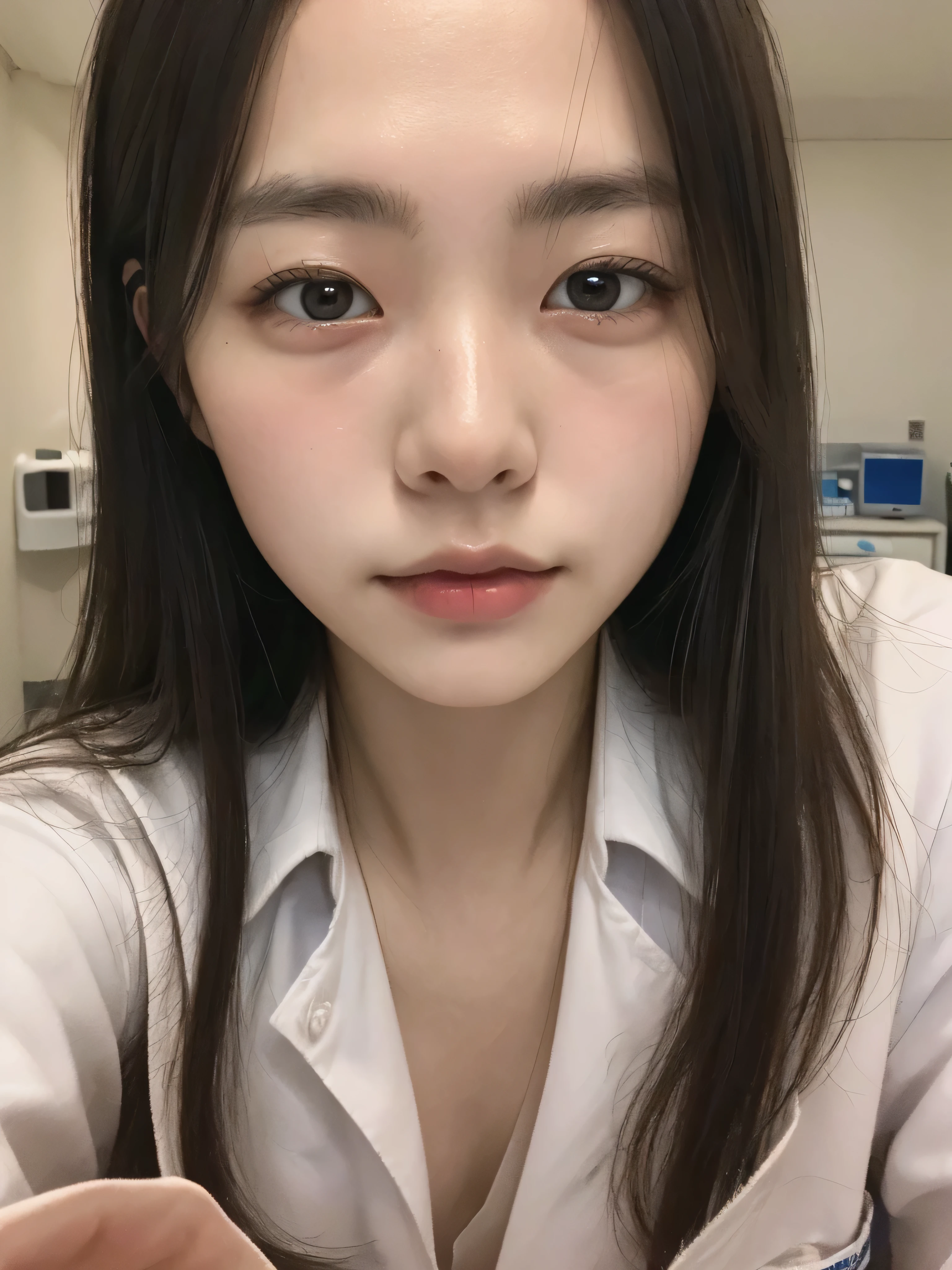 (masterpiece, highest quality:1.2), RAW photo, (realistic, photorealistic:1.2), (8k, High resolution, Super detailed:1.3), 1 Japanese girl, 26 years old, wear a lab coat over a scrub, hospital room, ,close up of face,I'I'm tired after work、lack of sleep、