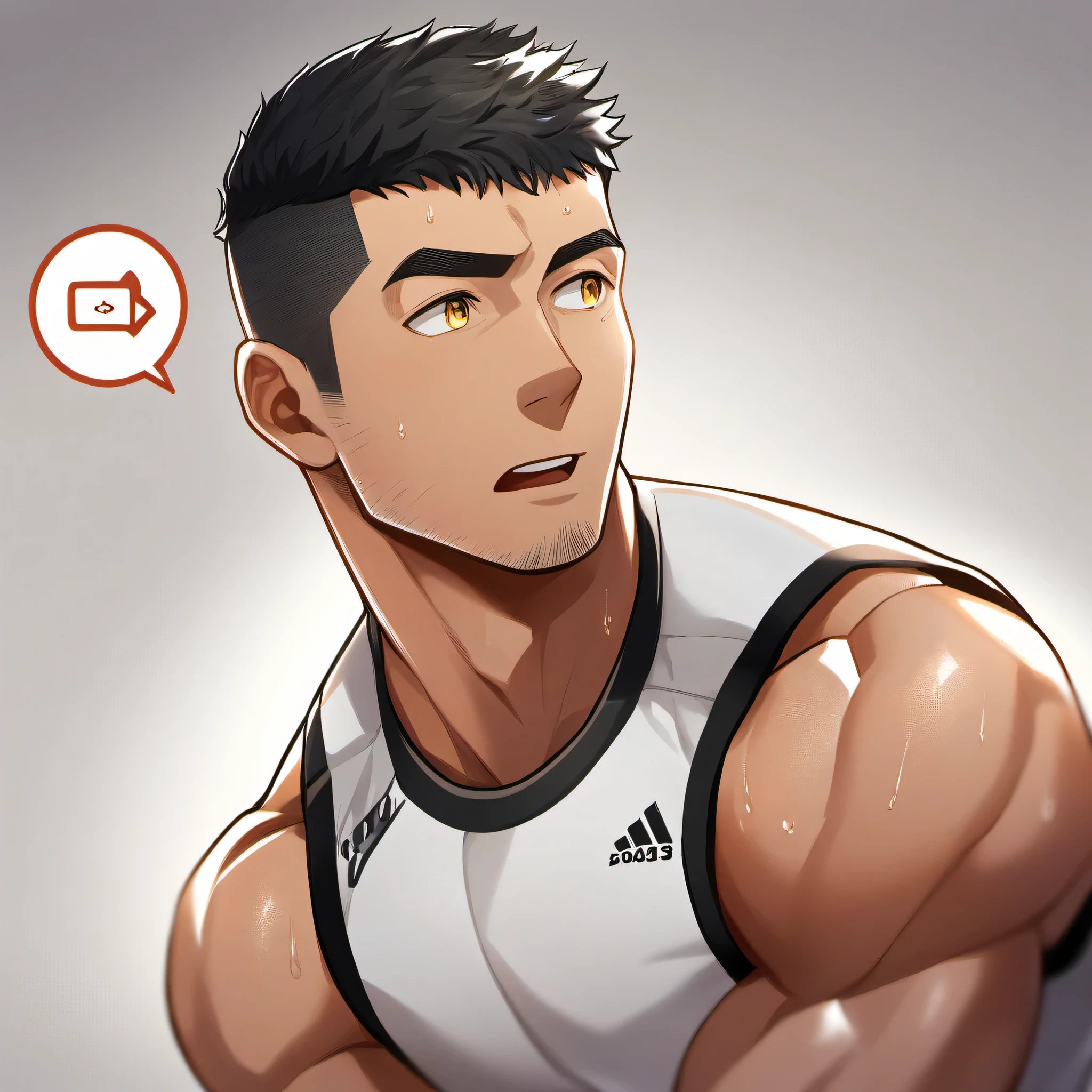 1 sports boy, male focus, White compression pantyhose, muscular male, muscular, only, Upper body, alone, look to the side, dialog box, short hair, stubble, Sweat, black hair, yellow eyes, open lips, White background, simple background, amazing quality, best aesthetics, Ridiculous, 2023, short hair, moan, best quality