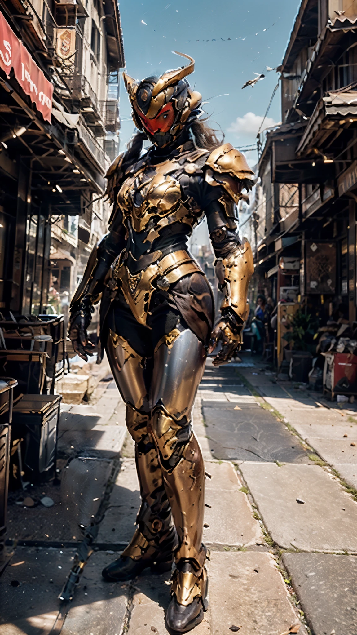A woman adorned in fantasy-style full-body armor, a crown-concept fully enclosed helmet that unveils only her eyes, a composite layered chest plate, fully encompassing shoulder and hand guards, a lightweight waist armor, form-fitting shin guards, the overall design is heavy-duty yet flexible, ((the armor gleams with a golden glow, complemented by red and blue accents)), exhibiting a noble aura, she floats above a fantasy-surreal high-tech city, this character embodies a finely crafted fantasy-surreal style armored hero in anime style, exquisite and mature manga art style, (Queen bee mixed with Spider concept Armor), ((Nordic, elegant, goddess, femminine:1.5)), metallic, high definition, best quality, highres, ultra-detailed, ultra-fine painting, extremely delicate, professional, anatomically correct, symmetrical face, extremely detailed eyes and face, high quality eyes, creativity, RAW photo, UHD, 32k, Natural light, cinematic lighting, masterpiece-anatomy-perfect, masterpiece:1.5