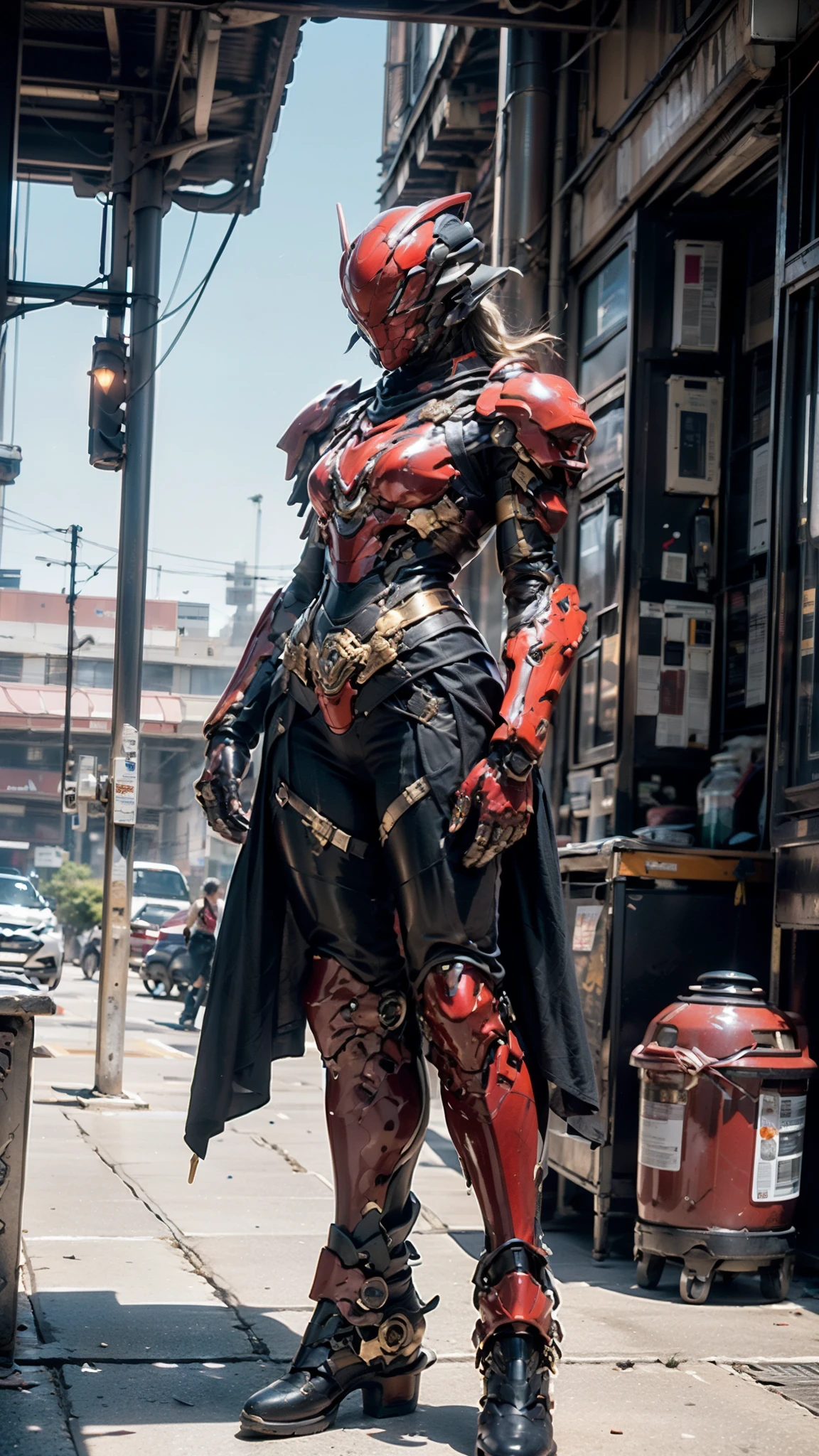A woman adorned in fantasy-style full-body armor, a crown-concept fully enclosed helmet that unveils only her eyes, a composite layered chest plate, fully encompassing shoulder and hand guards, a lightweight waist armor, form-fitting shin guards, the overall design is heavy-duty yet flexible, ((the armor gleams with a golden glow, complemented by red and blue accents)), exhibiting a noble aura, she floats above a fantasy-surreal high-tech city, this character embodies a finely crafted fantasy-surreal style armored hero in anime style, exquisite and mature manga art style, (Queen bee mixed with Spider concept Armor), ((Nordic, elegant, goddess, femminine:1.5)), metallic, high definition, best quality, highres, ultra-detailed, ultra-fine painting, extremely delicate, professional, anatomically correct, symmetrical face, extremely detailed eyes and face, high quality eyes, creativity, RAW photo, UHD, 32k, Natural light, cinematic lighting, masterpiece-anatomy-perfect, masterpiece:1.5