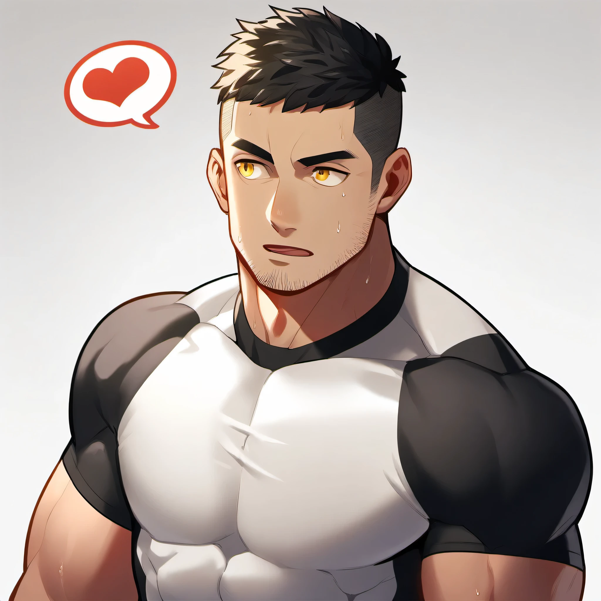 1 sports boy, male focus, White compression pantyhose, muscular male, muscular, only, Upper body, alone, look to the side, dialog box, short hair, stubble, Sweat, black hair, yellow eyes, open lips, White background, simple background, amazing quality, best aesthetics, Ridiculous, 2023, short hair, moan, best quality