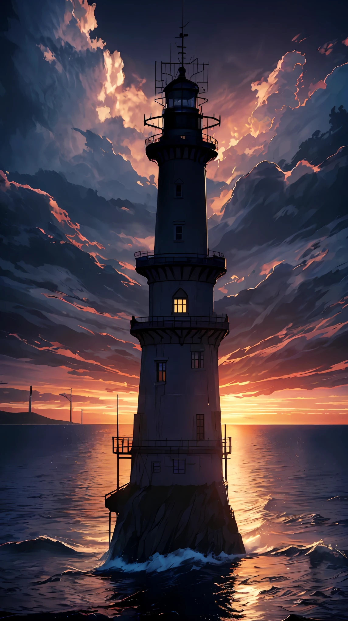 (Super realistic:1.2), High resolution, (Bright colors, HDR:1.1), (sharp focus:1.1), (physically based rendering:1.3), Cape lighthouse scenery, calm sea, lighthouse and sea landscape painting, Someone watching over the ship, The sea illuminated by soft light, watch over the sea, lighthouse keeper, fantastic atmosphere, A dark sky where the night hasn't yet dawned, A little light is reliable, dramatic lighting effects, Playful and whimsical elements, Contrasting shadows, dynamic composition, unique configuration, soft texture, intricate details, Please draw a beautiful cape with a lighthouse.。