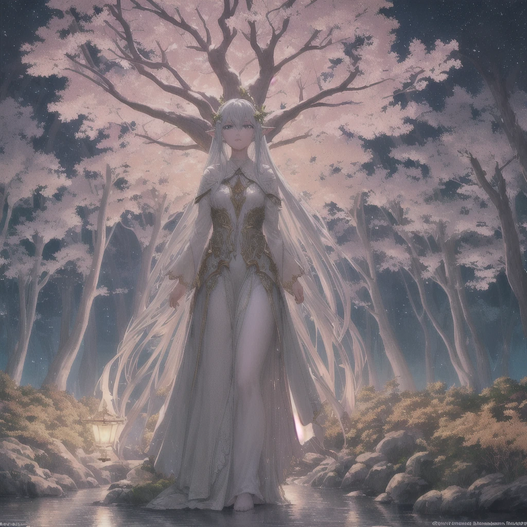 On the shore of a fantasy world, an Elven tree city is near the coast. The city is built within the vast branches of enormous trees, blending harmoniously with nature. The majestic trees reach towards the sky, their branches creating a mesmerizing canopy overhead. The city is illuminated by gentle moonlight, casting an ethereal glow on the Elven dwellings, which are intricately built with delicate, artistic designs. As we focus on the coast, our attention is drawn to an immense tree standing tall and proud. This tree acts as a beacon of light, guiding ships safely to the shore. Adorning its branches are glowing nodules that emit a soft, radiant light, resembling stars in the night sky. The nodules flicker and dance, casting enchanting shadows on the surrounding landscape. The night is calm, and the air carries a gentle breeze that rustles through the leaves. The sound of waves crashing against the shore provides a soothing melody. The ocean stretches endlessly into the horizon, reflecting the moon's shimmering light. In this breathtaking scene, the image quality is of utmost importance. The prompt demands the highest level of detail, capturing every intricate element with precision. It is a masterpiece in the making, with ultra-detailed textures and realistic rendering. The colors are vivid, enhancing the magical ambiance of the Elven city and its surroundings. The art style portrayed in this prompt is a blend of fantasy and realism. It captures the essence of nature and the mystical allure of the Elven world. It is a remarkable mix of enchantment and tranquility, creating a sense of wonder and awe. To bring this vision to life, the prompt requires the perfect color palette. The colors should exude a sense of mysticism and enchantment. It embodies the beautiful hues of the night, with soft blues, deep purples, and hints of silver and gold, painting a mesmerizing scene. Lastly, the prompt emphasizes the lighting. The Elven tree city is bathed in a soft, moonlit