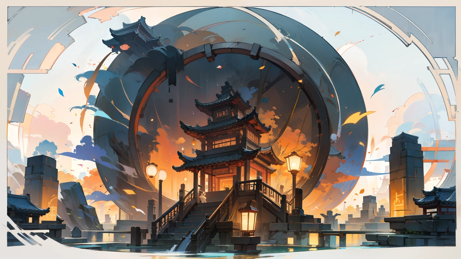 Antique game scene design，lotus，water surface，Compete in the ring，ring，Chinese ink high angle OC rendering sculpture
