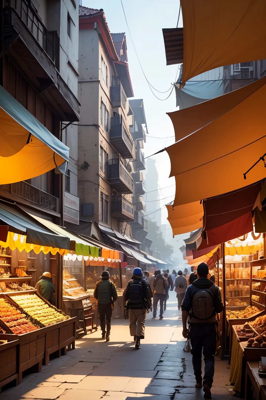 Inner-city outdoor bazaar: A bustling marketplace filled with vibrant colors and lively energy, where merchants sell an array of goods from intricately woven textiles to spiced delicacies. The labyrinthine streets are lined with makeshift stalls, their wares spilling out into the sunlit spaces. Crowds of people mingle, haggling over prices and sharing stories, creating a lively and energetic atmosphere.
Trekking theme: A rugged and adventurous scene, with explorers setting out on a demanding journey through towering mountains and dense forests. The sun rises over a breathtaking landscape, casting long shadows on the ground