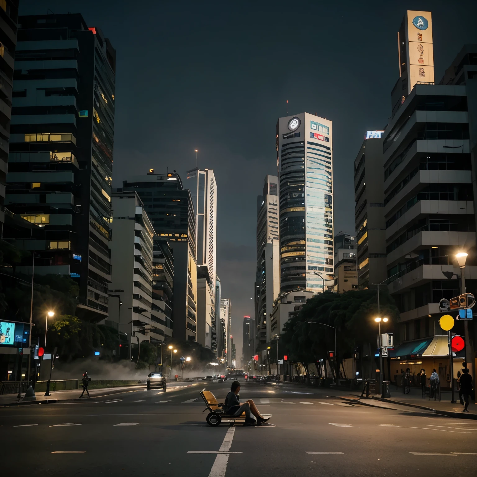Consegue fazer a avenida Paulista futurista, with very tall buildings, flying cars and on the ground, just a lonely person on a bench, at 2 am and with a light fog?