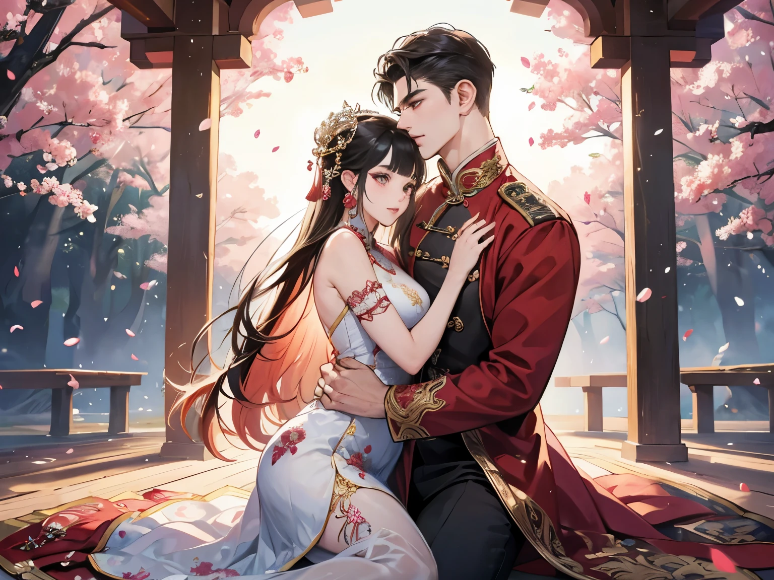 man and woman lover hugging in a chinese wedding clothing in a flower park, in the style of artgerm, soft, romantic scenes, dao trong le, aurorapunk, darkly romantic, kingcore, naïve drawing,Wear ancient Chinese clothes,((Beautiful Fantasy Empress)),artwork in the style of Gouvice,