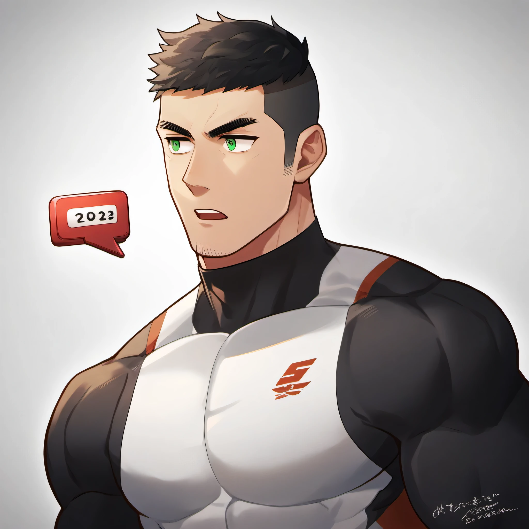 1 sports boy, male focus, White compression pantyhose, muscular male, muscular, only, Upper body, alone, look to the side, dialog box, short hair, stubble, black hair, green eyes, open lips, White background, simple background, amazing quality, best aesthetics, Ridiculous, 2023, short hair, bright pupils, V-shaped eyebrows, Jiliu, best quality