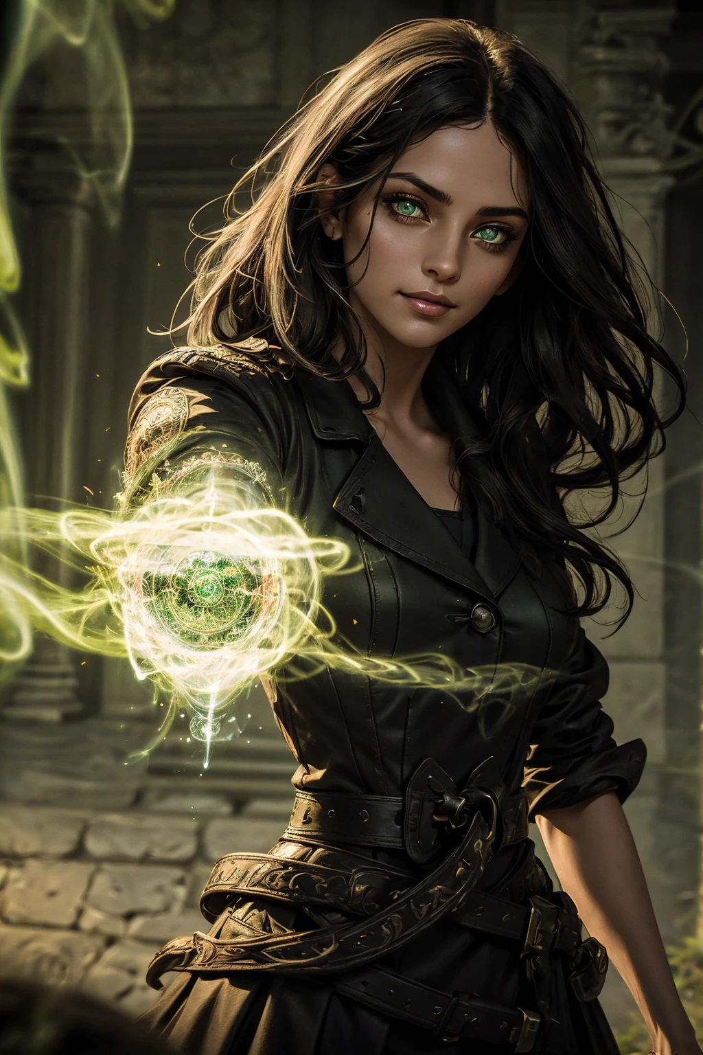 A stunning Indian beauty, with bright green eyes, standing in swirling black smoke, with dark brown-black long wavy hair, mesmerizing features with a scary expression, finely detailed eyes, angry mood masterpiece, top quality, best quality, official art, beautiful and aesthetic:1.2), (1girl), extreme detailed,(fractal art:1.3), colorful, highest detailed, (masterpiece, best quality:1.3) 1 bright-green-eyed woman, professional digital painting, Unreal Engine 5. Wearing a black-buttoned-up military-trench coat. Scary void dripping from body and face black magic swirling around. Arms up casting black magic from fingertips. Black smoke swirled around her. Holding a rapier. Purple-tinted background.A stunning Indian beauty, with dark brown-black long wavy long hair, with mesmerizing feature with a Hopeful smiling expression, finely detailed eyes, happy mood masterpiece, top quality, best quality, official art, beautiful and aesthetic:1.2), (1girl), extreme detailed,(fractal art:1.3), colorful, highest detailed, (masterpiece, best quality:1.3) 1 bright-green-eyed woman, professional digital painting, Unreal Engine 5. In a 1920 setting, holding lavender flowers at a Lavender flower farm, wearing 1930 style clothing, South-Indian woman, olive-skinned woman, masterpiece, top quality, best quality, official art, beautiful and aesthetic:1.2), (1girl), extreme detailed,(fractal art:1.3), colorful, highest detailed, (masterpiece, best quality:1.3) 1 green-eyed woman, professional digital painting, Unreal Engine 5. Wearing embroidered linen blouse, Wearing long pleated skirt, Wearing Moleskin Field Jacket. Long hair, hopeful expression, finely detailed eyes, smiling, epic scene, epic composition, Cinematic Lighting, Volumetric Lighting, ethereal light, intricate details, extremely detailed volumetric rays. Green Eyes. [Beautiful girl, linen shirt and pants, oil painting, Detailed facial features, Sunlight, bright colors, dramatic lighting, expressive eyes and lips, High Resolutio