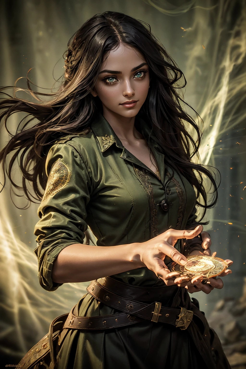 A stunning Indian beauty, with bright green eyes, standing in swirling black smoke, with dark brown-black long wavy hair, mesmerizing features with a scary expression, finely detailed eyes, angry mood masterpiece, top quality, best quality, official art, beautiful and aesthetic:1.2), (1girl), extreme detailed,(fractal art:1.3), colorful, highest detailed, (masterpiece, best quality:1.3) 1 bright-green-eyed woman, professional digital painting, Unreal Engine 5. Wearing a black-buttoned-up military-trench coat. Scary void dripping from body and face black magic swirling around. Arms up casting black magic from fingertips. Black smoke swirled around her. Holding a rapier. Purple-tinted background.A stunning Indian beauty, with dark brown-black long wavy long hair, with mesmerizing feature with a Hopeful smiling expression, finely detailed eyes, happy mood masterpiece, top quality, best quality, official art, beautiful and aesthetic:1.2), (1girl), extreme detailed,(fractal art:1.3), colorful, highest detailed, (masterpiece, best quality:1.3) 1 bright-green-eyed woman, professional digital painting, Unreal Engine 5. In a 1920 setting, holding lavender flowers at a Lavender flower farm, wearing 1930 style clothing, South-Indian woman, olive-skinned woman, masterpiece, top quality, best quality, official art, beautiful and aesthetic:1.2), (1girl), extreme detailed,(fractal art:1.3), colorful, highest detailed, (masterpiece, best quality:1.3) 1 green-eyed woman, professional digital painting, Unreal Engine 5. Wearing embroidered linen blouse, Wearing long pleated skirt, Wearing Moleskin Field Jacket. Long hair, hopeful expression, finely detailed eyes, smiling, epic scene, epic composition, Cinematic Lighting, Volumetric Lighting, ethereal light, intricate details, extremely detailed volumetric rays. Green Eyes. [Beautiful girl, linen shirt and pants, oil painting, Detailed facial features, Sunlight, bright colors, dramatic lighting, expressive eyes and lips, High Resolutio