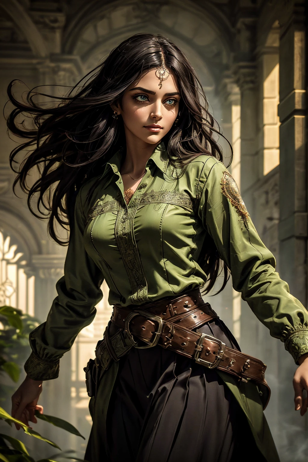 A stunning Indian beauty, with bright green eyes, standing in swirling black smoke, with dark brown-black long wavy hair, mesmerizing features with a scary expression, finely detailed eyes, angry mood masterpiece, top quality, best quality, official art, beautiful and aesthetic:1.2), (1girl), extreme detailed,(fractal art:1.3), colorful, highest detailed, (masterpiece, best quality:1.3) 1 bright-green-eyed woman, professional digital painting, Unreal Engine 5. Wearing a black-buttoned-up military-trench coat. Scary void dripping from body and face black magic swirling around. Arms up casting black magic from fingertips. Black smoke swirled around her. Holding a rapier. Purple-tinted background.A stunning Indian beauty, with dark brown-black long wavy long hair, with mesmerizing feature with a Hopeful smiling expression, finely detailed eyes, happy mood masterpiece, top quality, best quality, official art, beautiful and aesthetic:1.2), (1girl), extreme detailed,(fractal art:1.3), colorful, highest detailed, (masterpiece, best quality:1.3) 1 bright-green-eyed woman, professional digital painting, Unreal Engine 5. In a 1920 setting, holding lavender flowers at a Lavender flower farm, wearing 1930 style clothing, South-Indian woman, olive-skinned woman, masterpiece, top quality, best quality, official art, beautiful and aesthetic:1.2), (1girl), extreme detailed,(fractal art:1.3), colorful, highest detailed, (masterpiece, best quality:1.3) 1 green-eyed woman, professional digital painting, Unreal Engine 5. Wearing embroidered linen blouse, Wearing long pleated skirt, Wearing Moleskin Field Jacket. Long hair, hopeful expression, finely detailed eyes, smiling, epic scene, epic composition, Cinematic Lighting, Volumetric Lighting, ethereal light, intricate details, extremely detailed volumetric rays. Green Eyes. [Beautiful girl, linen shirt and pants, oil painting, Detailed facial features, Sunlight, bright colors, dramatic lighting, expressive eyes and lips, High Resolutio