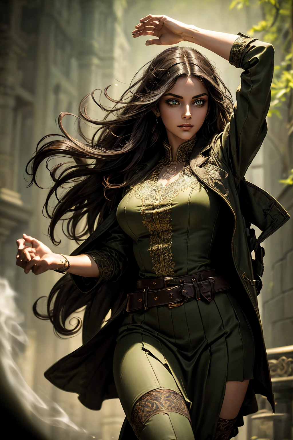 A stunning Indian beauty, with dark brown-black long wavy long hair, with mesmerizing feature with a Hopeful smiling expression, finely detailed eyes, happy mood masterpiece, top quality, best quality, official art, beautiful and aesthetic:1.2), (1girl), extreme detailed,(fractal art:1.3), colorful, highest detailed, (masterpiece, best quality:1.3) 1 bright-green-eyed woman, professional digital painting, Unreal Engine 5. In a 1920 setting, holding lavender flowers at a Lavender flower farm, wearing 1930 style clothing, South-Indian woman, olive-skinned woman, masterpiece, top quality, best quality, official art, beautiful and aesthetic:1.2), (1girl), extreme detailed,(fractal art:1.3), colorful, highest detailed, (masterpiece, best quality:1.3) 1 green-eyed woman, professional digital painting, Unreal Engine 5. Wearing embroidered linen blouse, Wearing long pleated skirt, Wearing Moleskin Field Jacket. Long hair, hopeful expression, finely detailed eyes, smiling, epic scene, epic composition, Cinematic Lighting, Volumetric Lighting, ethereal light, intricate details, extremely detailed volumetric rays. Green Eyes. [Beautiful girl, linen shirt and pants, oil painting, Detailed facial features, Sunlight, bright colors, dramatic lighting, expressive eyes and lips, High Resolution, 4K quality, Photorealistic] 1920 clothing, 1930 clothing, red, orange, yellow, blue, purple, pink,
