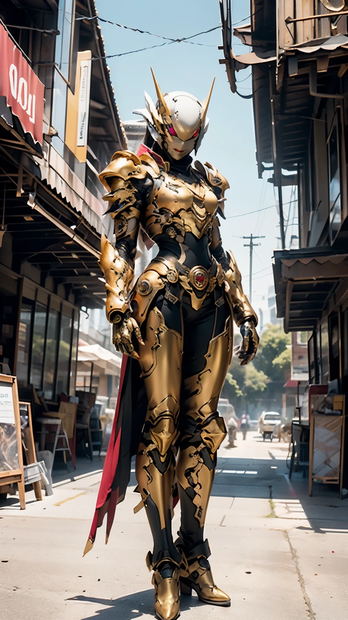 A woman adorned in fantasy-style full-body armor, a crown-concept fully enclosed helmet that unveils only her eyes, a composite layered chest plate, fully encompassing shoulder and hand guards, a lightweight waist armor, form-fitting shin guards, the overall design is heavy-duty yet flexible, ((the armor gleams with a golden glow, complemented by red and blue accents)), exhibiting a noble aura, she floats above a fantasy-surreal high-tech city, this character embodies a finely crafted fantasy-surreal style armored hero in anime style, exquisite and mature manga art style, (Queen bee mixed with Spider concept Armor), ((Eastern European, elegant, goddess, femminine:1.5)), metallic, high definition, best quality, highres, ultra-detailed, ultra-fine painting, extremely delicate, professional, anatomically correct, symmetrical face, extremely detailed eyes and face, high quality eyes, creativity, RAW photo, UHD, 32k, Natural light, cinematic lighting, masterpiece-anatomy-perfect, masterpiece:1.5