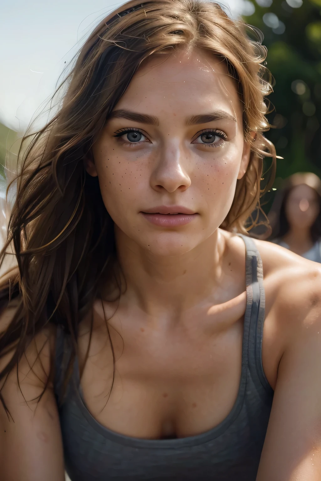 16K, realistic, portrait, UHD rendering, extremely detailed, light freckles, European, With hair color ranging from flax to vanilla streaming behind her, our model runs on a treadmill with effortless grace. Her brown eyes are focused ahead, determination etched into every line of her face as she pushes herself to new limits, embodying the resilience of the human spirit.