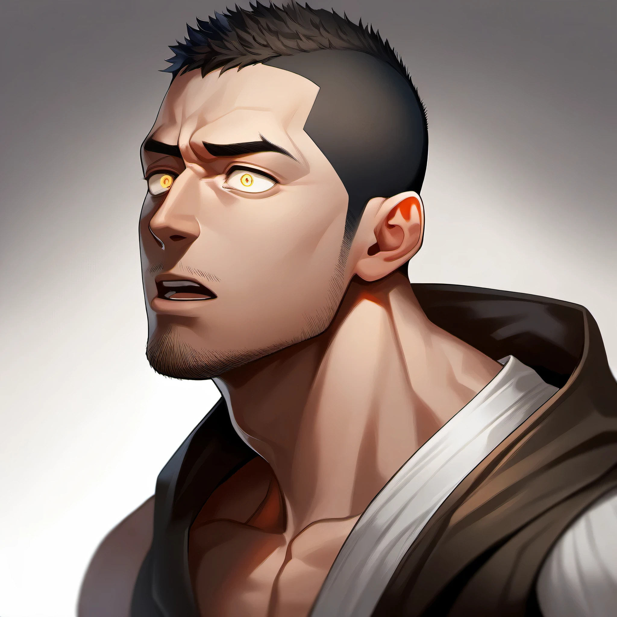 1 muscular monk, male focus, White compression pantyhose, muscular male, muscular, only, Upper body, alone, white short hair, stubble, black hair, yellow eyes, open lips, White background, simple background, amazing quality, best aesthetics, Ridiculous, short hair, bright pupils, buzz clip, sad, best quality